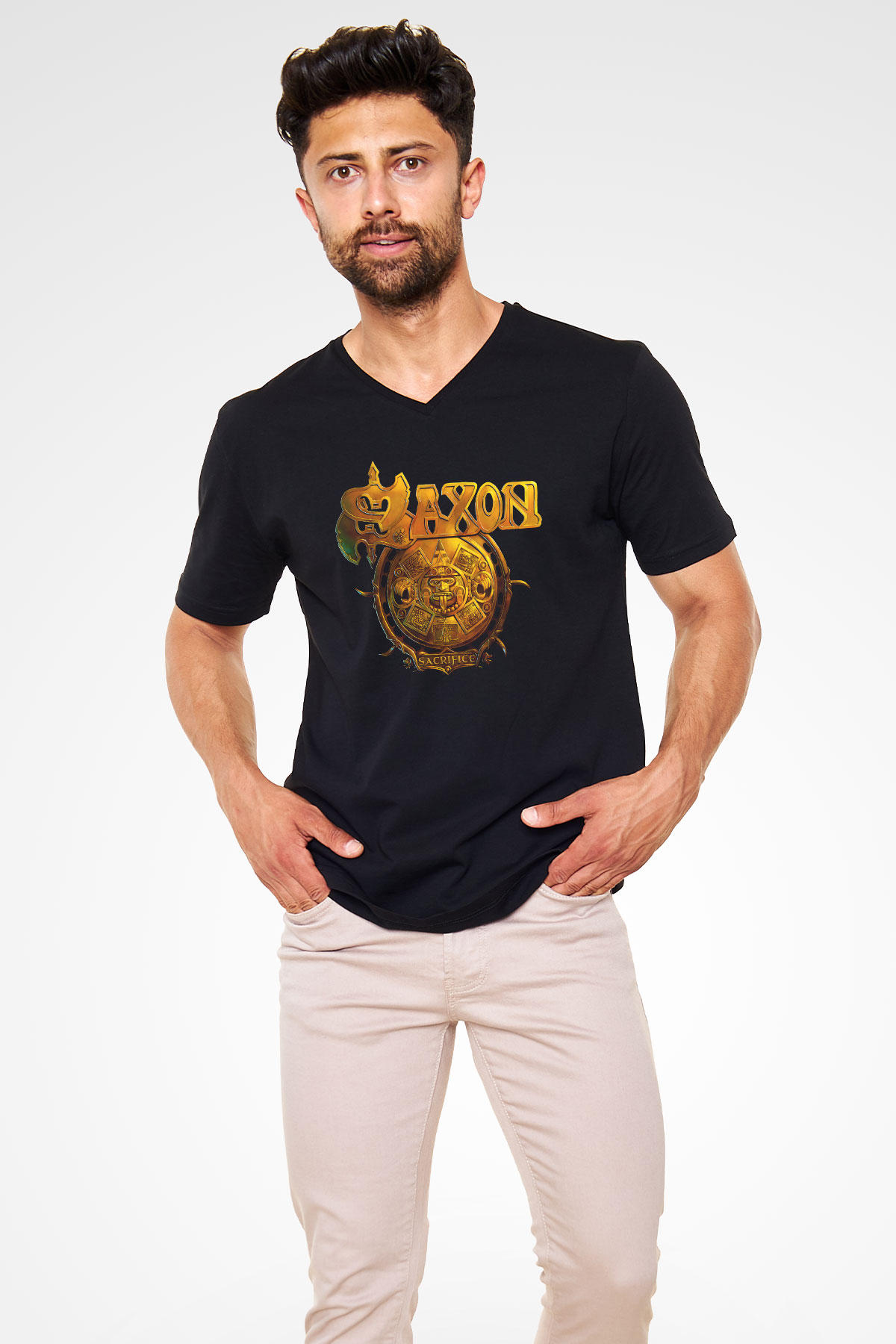 Saxon Siyah Unisex V Yaka Tişört T-Shirt