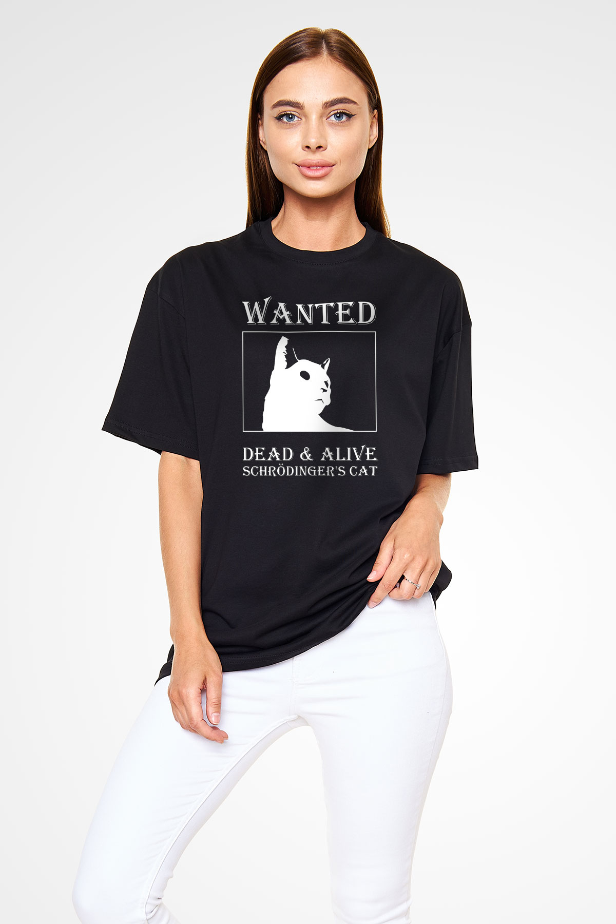 Schrödinger'in Kedisi Aranıyor Baskılı Unisex Oversize Tişört - Tshirt