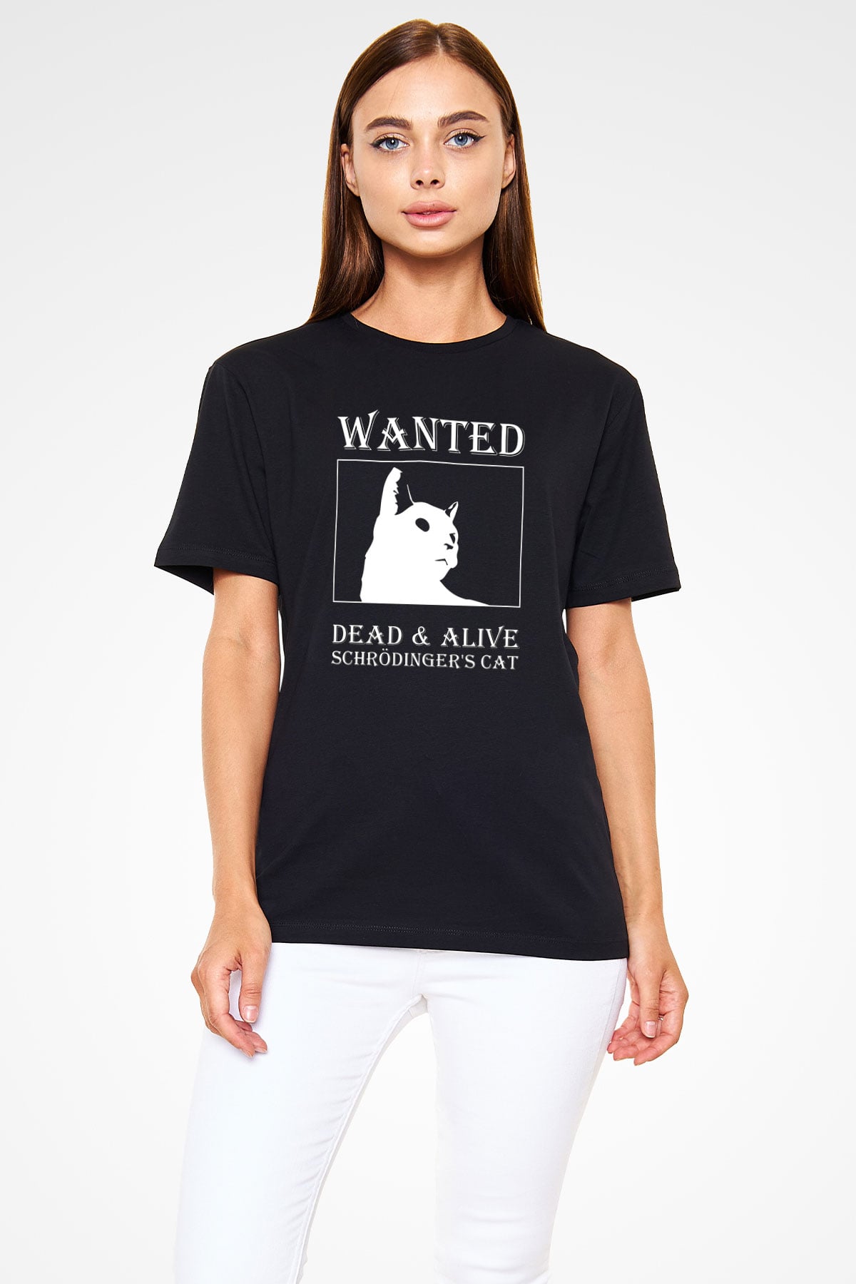 Schrödinger'in Kedisi Aranıyor Baskılı Unisex Siyah Tişört - Tshirt