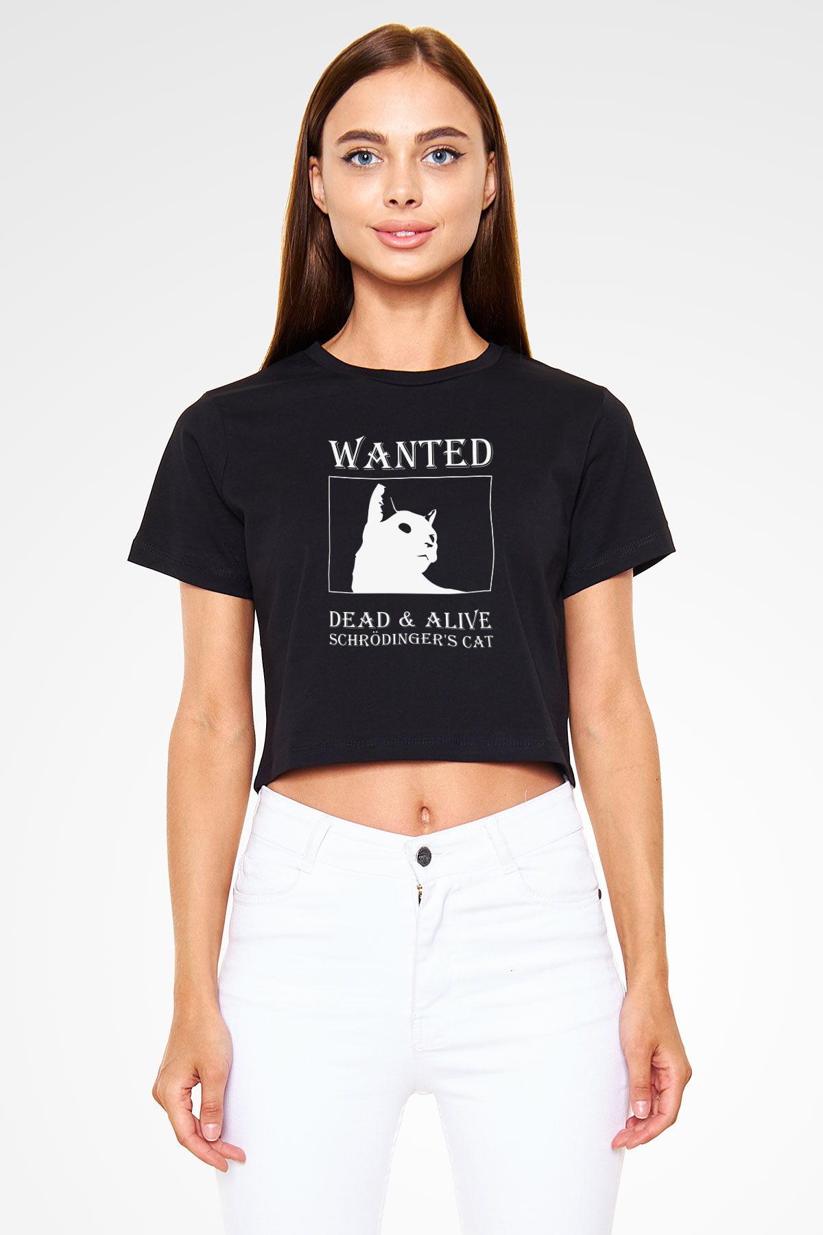 Schrödinger'in Kedisi Aranıyor Baskılı Crop Top Kadın Tİşört - Tshirt
