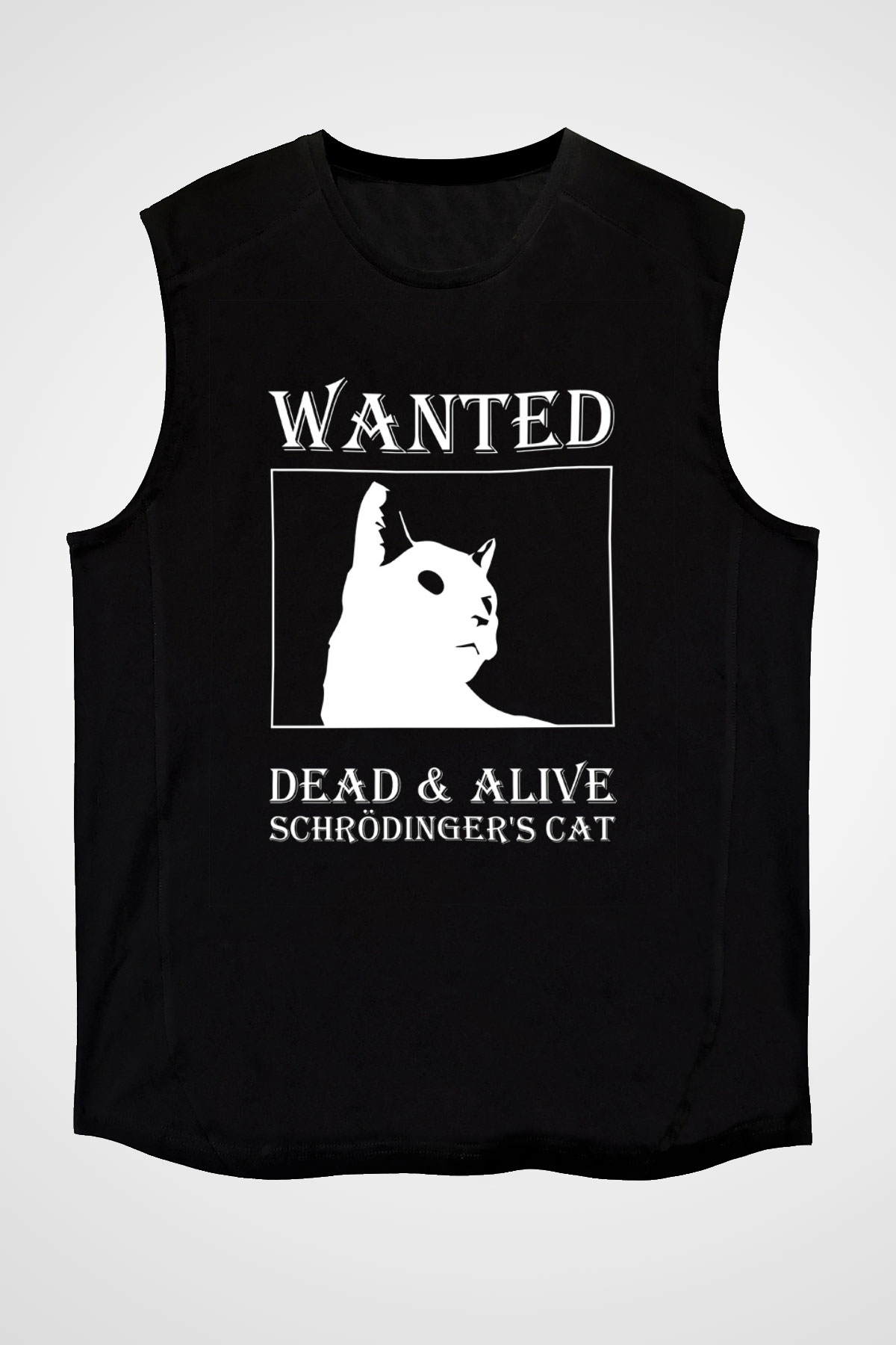 Schrödinger'in Kedisi Aranıyor Baskılı Unisex Kolsuz Siyah Tişört - Tshirt