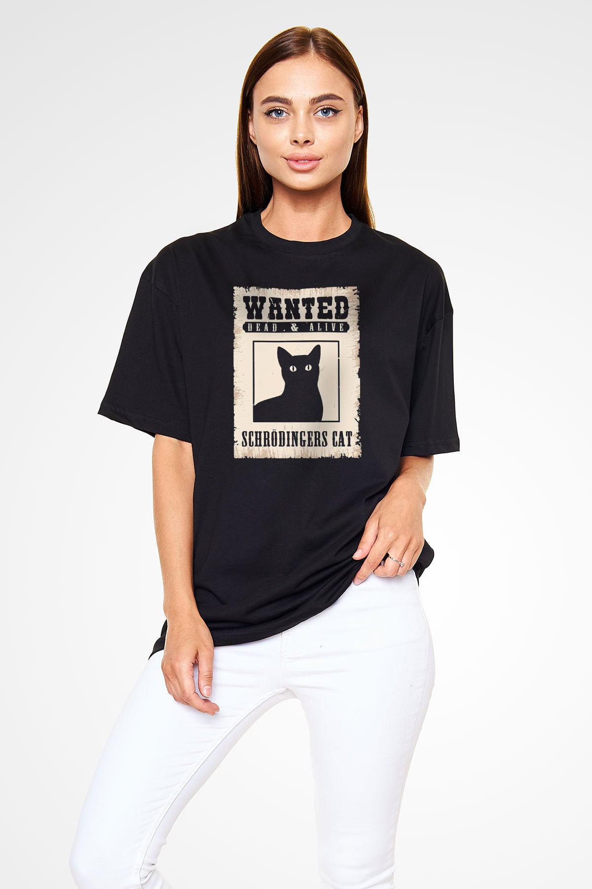 Schrödinger'in Kedisi Aranıyor İlan Baskılı Unisex Oversize Tişört - Tshirt