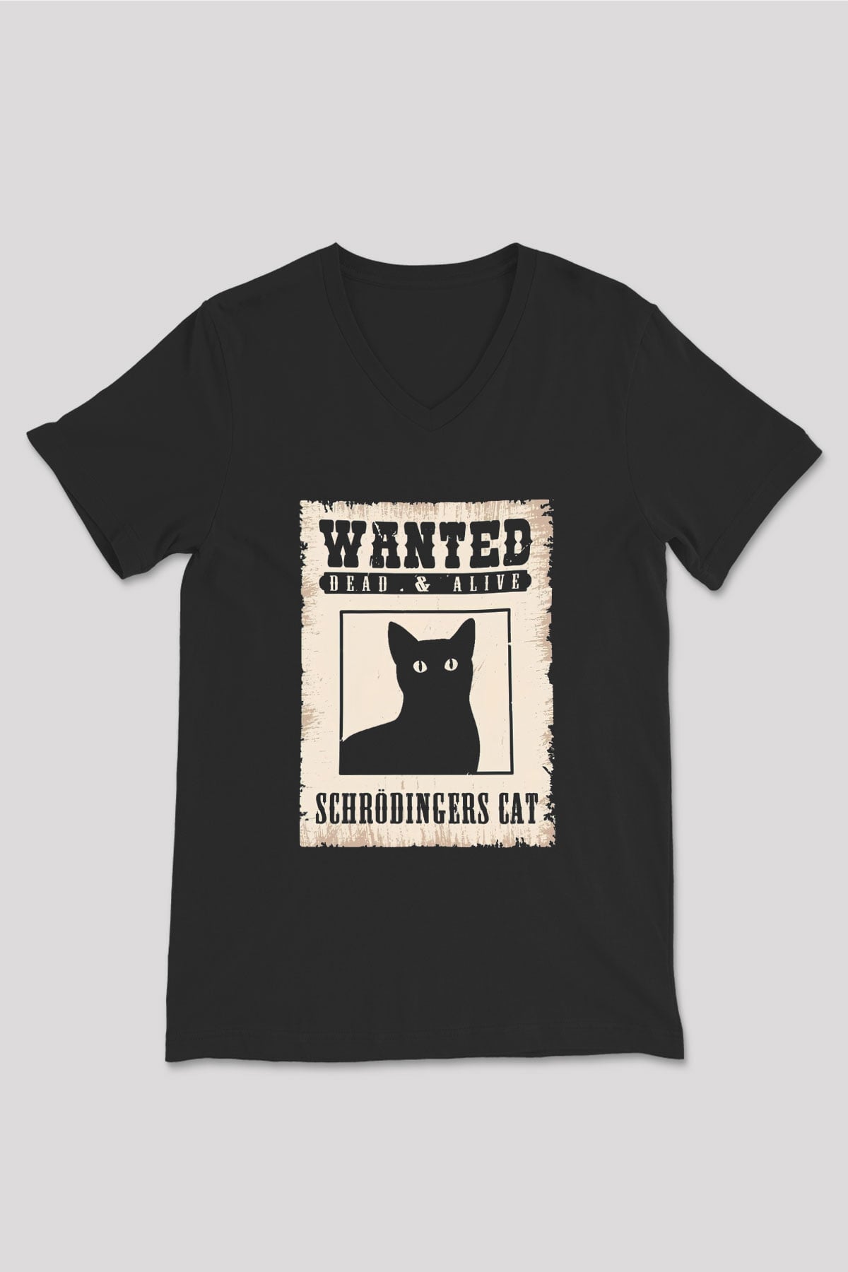 Schrödinger'in Kedisi Aranıyor İlan Baskılı Unisex V Yaka Siyah Tİşört - Tshirt
