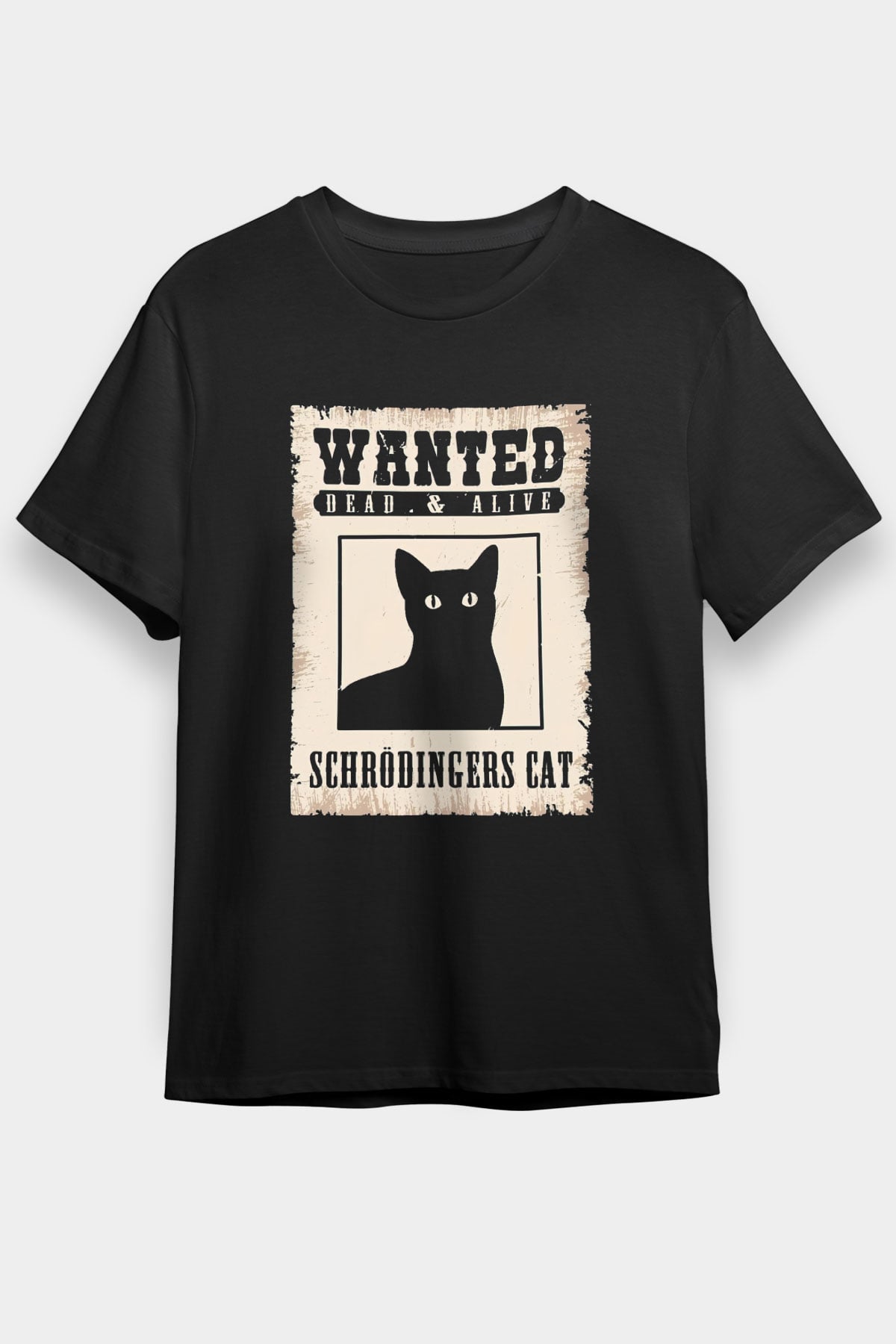 Schrödinger'in Kedisi Aranıyor İlan Baskılı Unisex Siyah Tişört - Tshirt