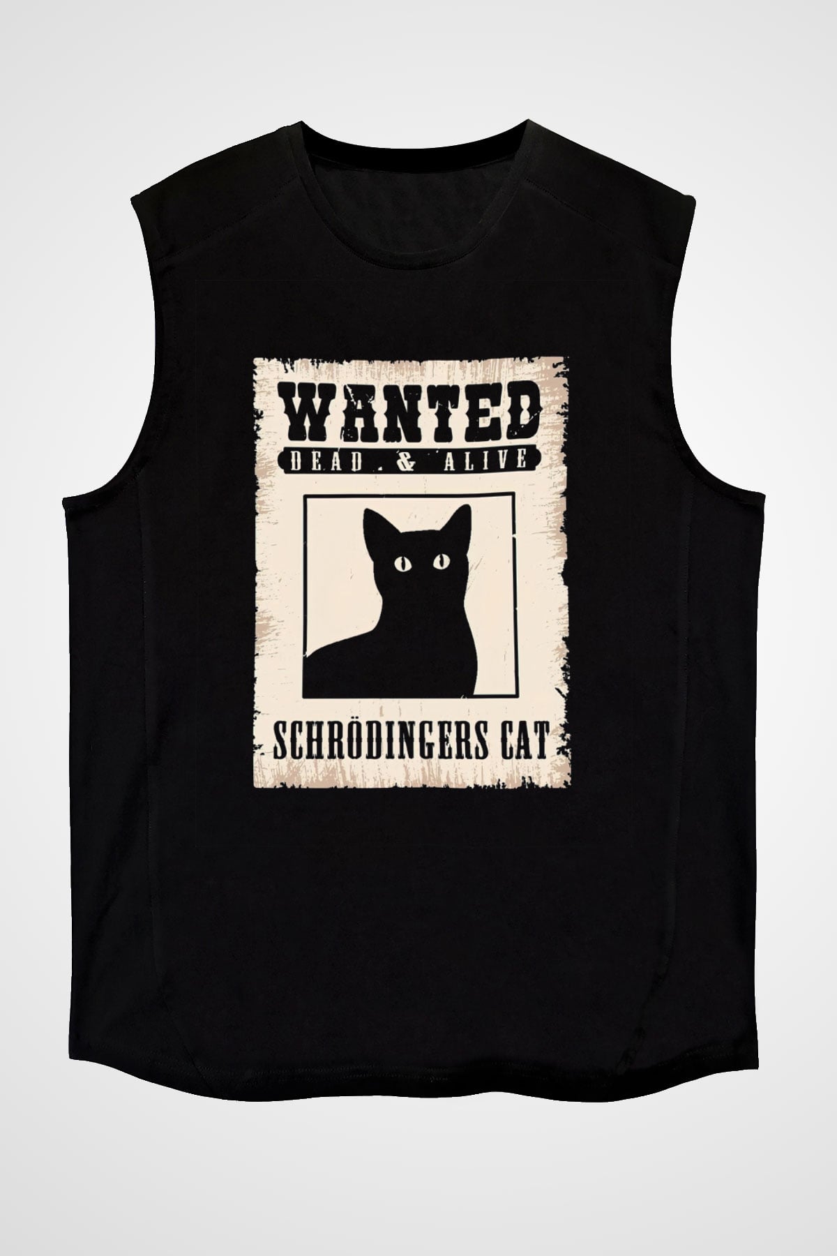 Schrödinger'in Kedisi Aranıyor İlan Baskılı Unisex Kolsuz Siyah Tişört - Tshirt