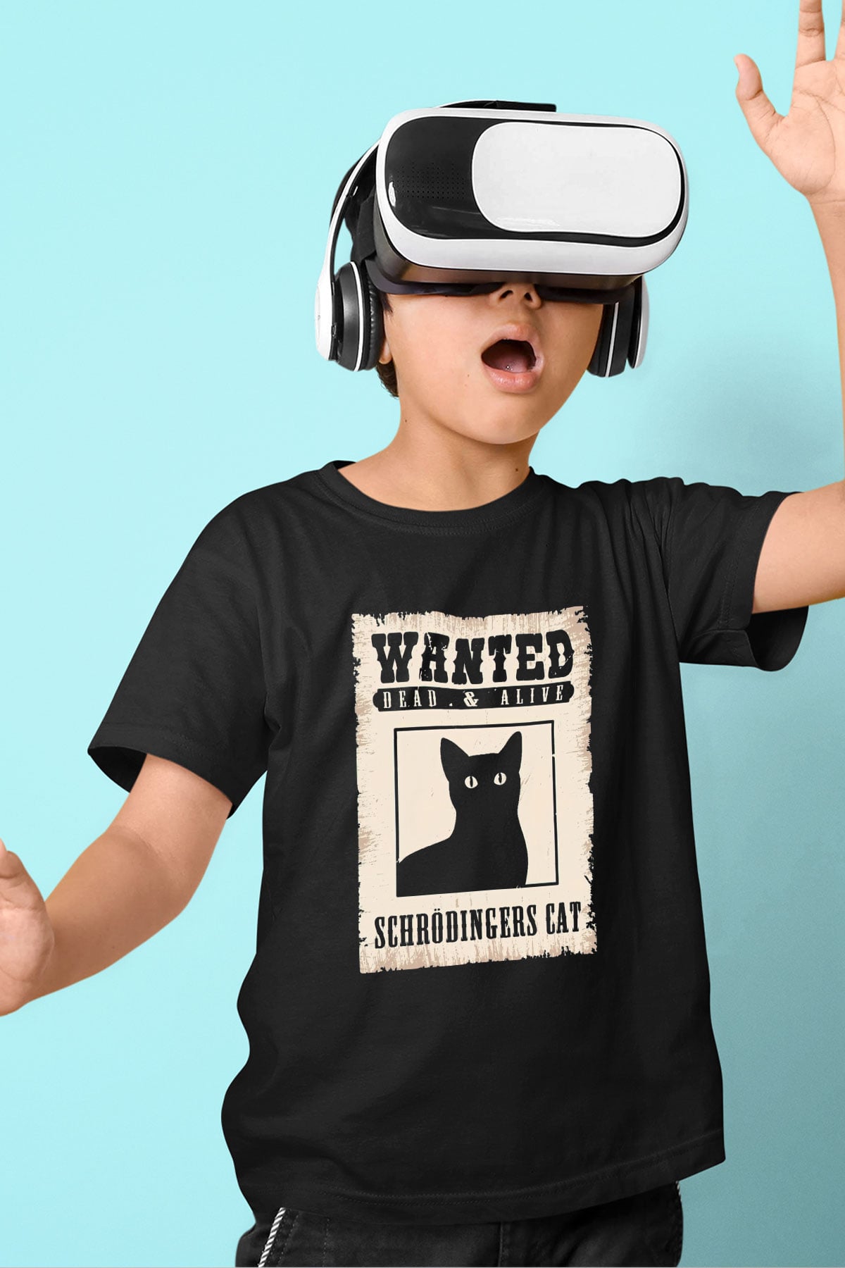 Schrödinger'in Kedisi Aranıyor İlan Baskılı Unisex Siyah Çocuk Tişörtü - Tshirt