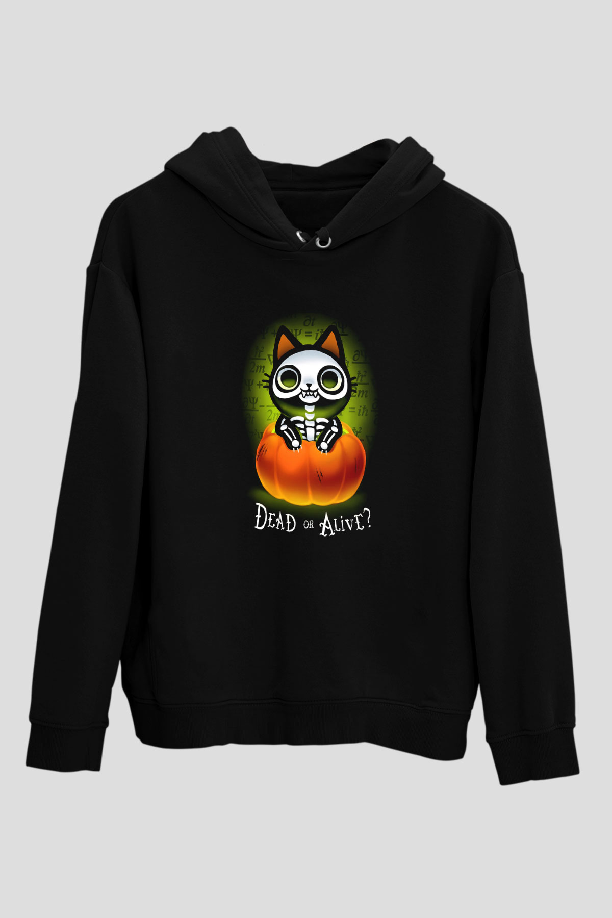 Schrödinger'in Kedisi Balkabağı Baskılı Unisex Siyah Kapüşonlu Sweatshirt