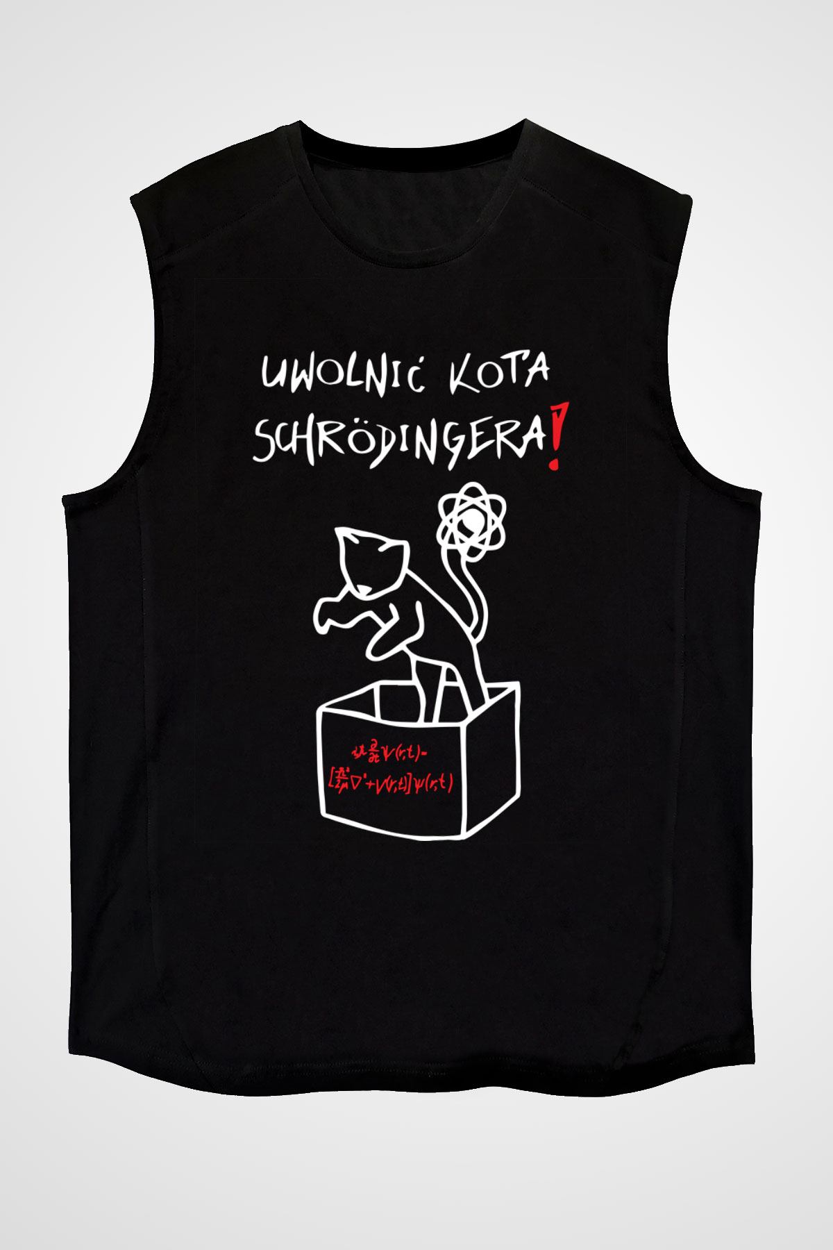 Schrödingerin Kedisi  Baskılı Unisex Siyah Kolsuz Tişört