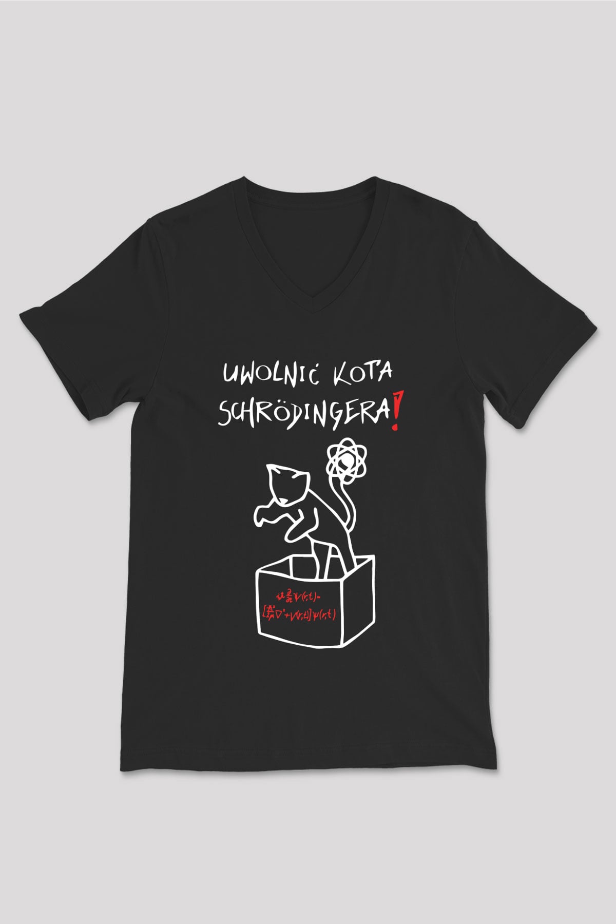 Schrödingerin Kedisi  Baskılı Unisex Siyah V Yaka Tişört