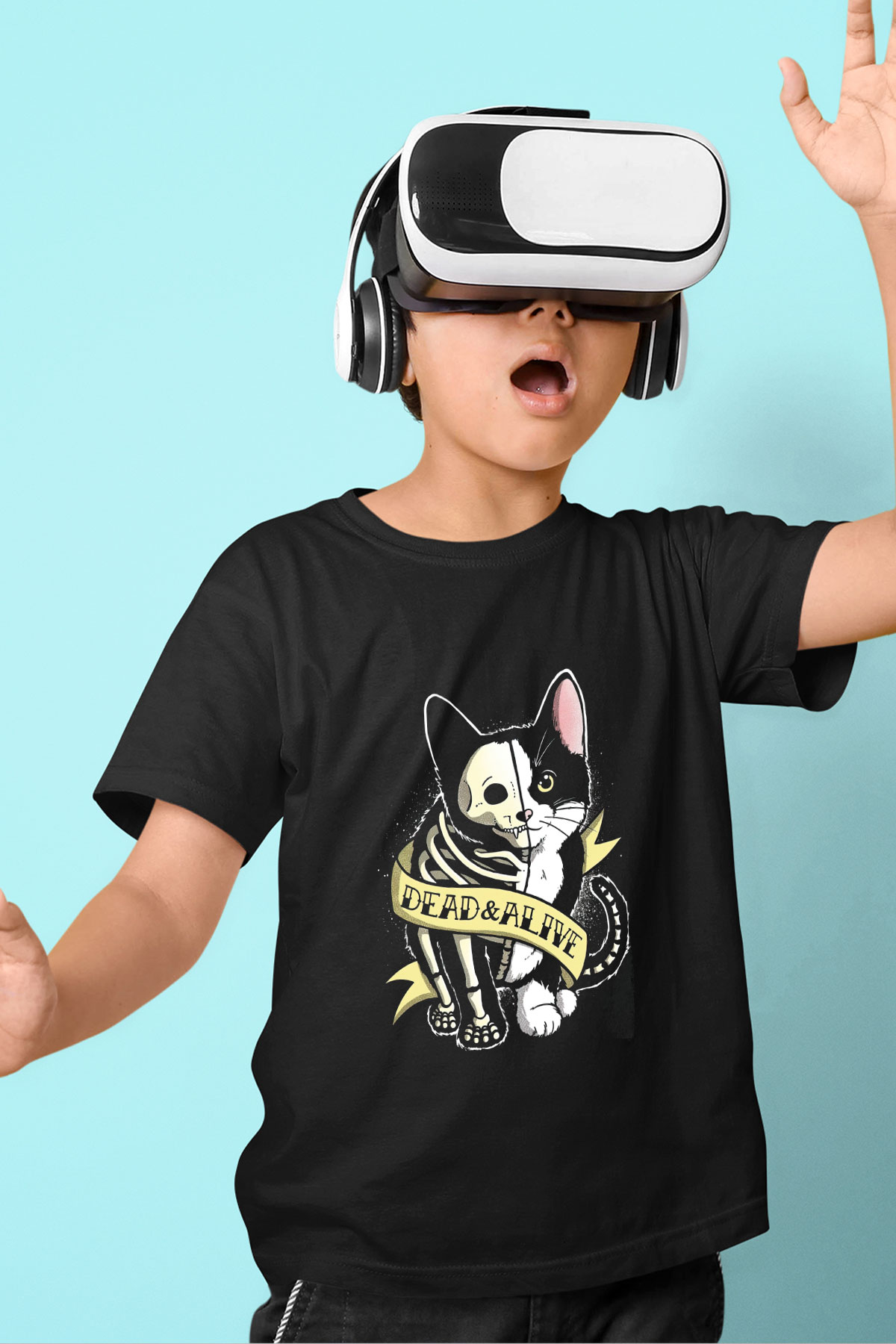 Schrödinger'in Kedisi Canlı Ölü Baskılı Unisex Siyah Çocuk Tişörtü - Tshirt