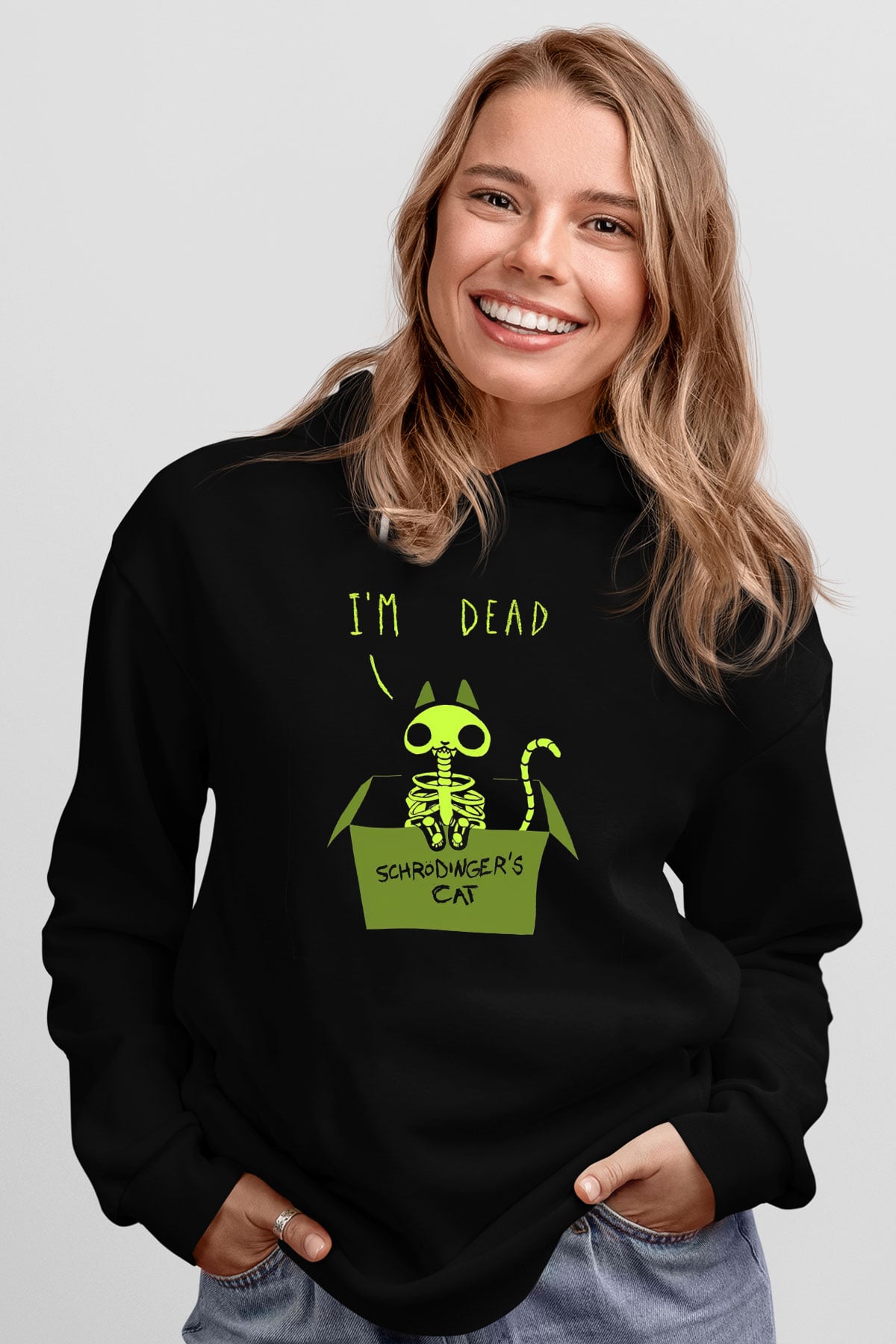Schrödinger'in Kedisi İskelet Baskılı Unisex Siyah Kapüşonlu Sweatshirt
