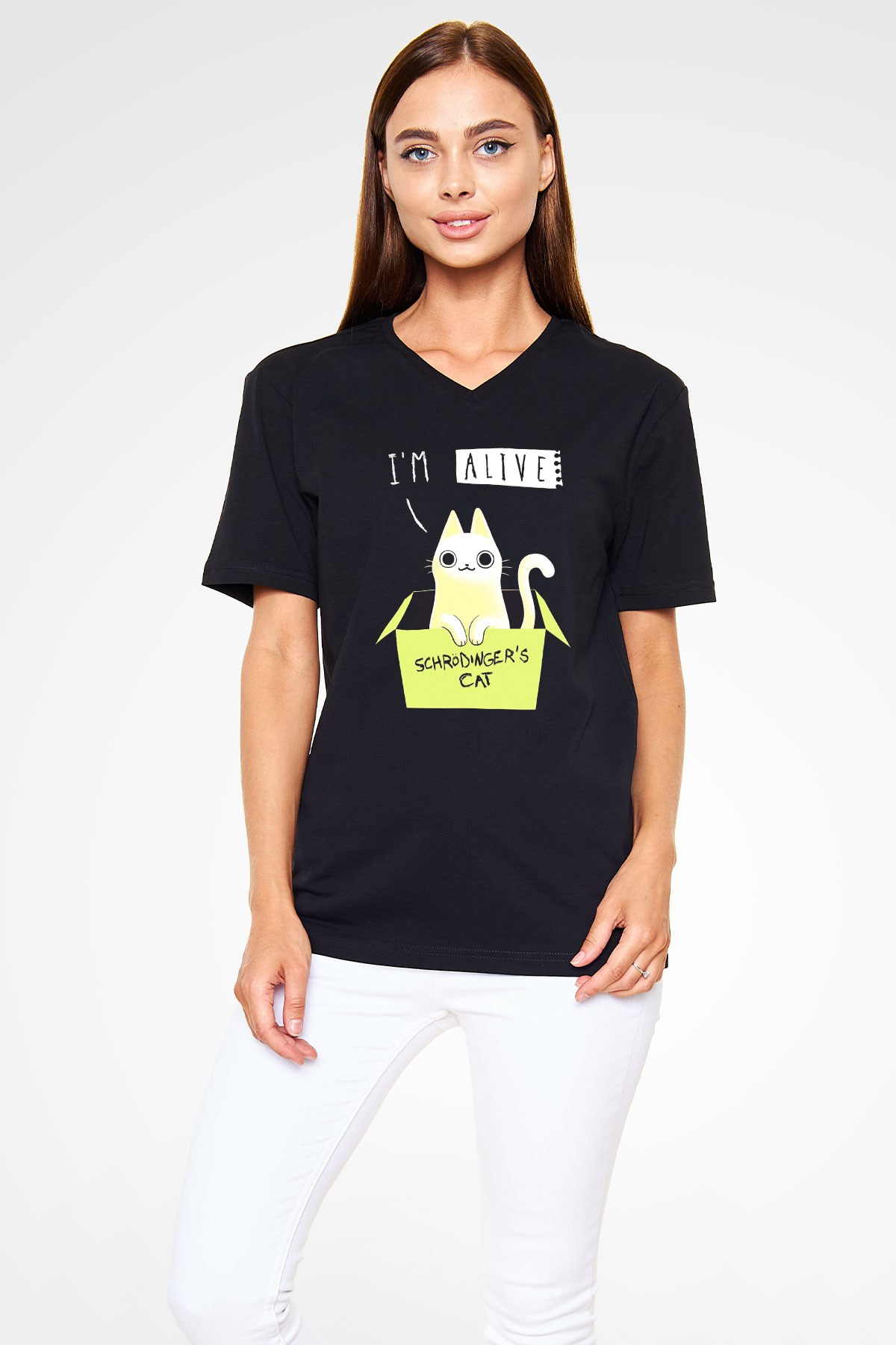 Schrödinger'in Kedisi Kutu Baskılı Unisex V Yaka Siyah Tİşört - Tshirt