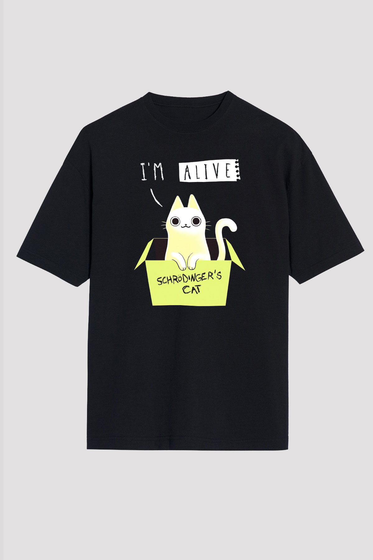 Schrödinger'in Kedisi Kutu Baskılı Unisex Oversize Tişört - Tshirt