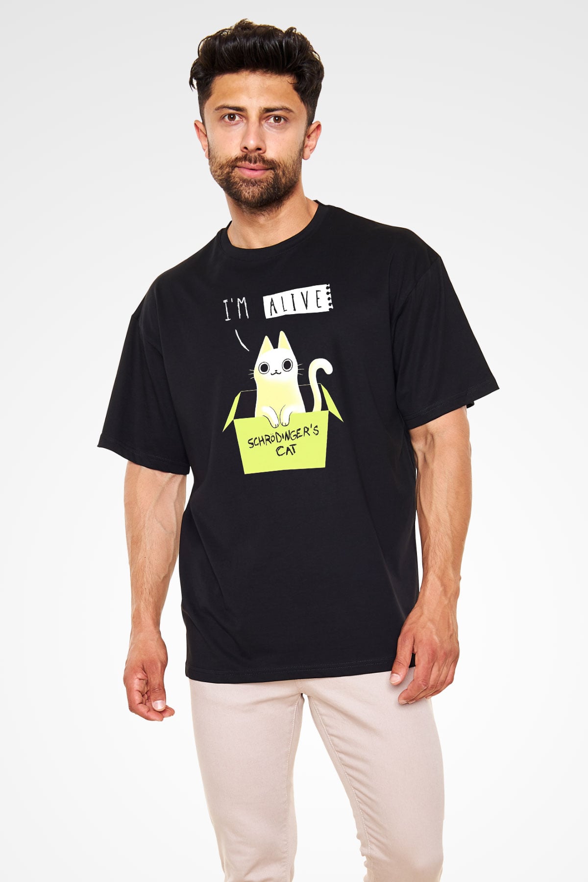 Schrödinger'in Kedisi Kutu Baskılı Unisex Oversize Tişört - Tshirt