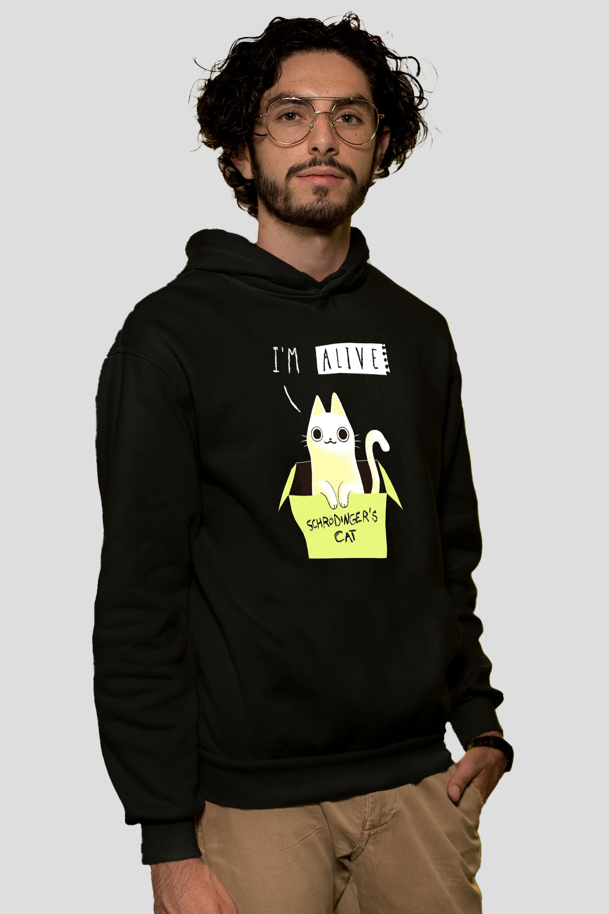 Schrödinger'in Kedisi Kutu Baskılı Unisex Siyah Kapüşonlu Sweatshirt