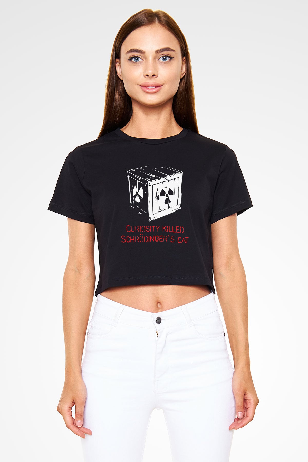 Schrödingerin Kedisi Kutuda  Baskılı Siyah Kadın Crop Top Tişört