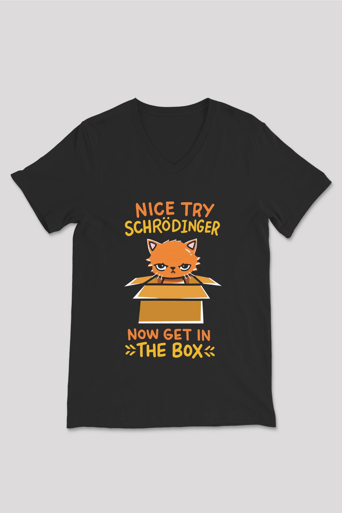 Schrödinger'in Kedisi Kutuda Baskılı Unisex V Yaka Siyah Tİşört - Tshirt