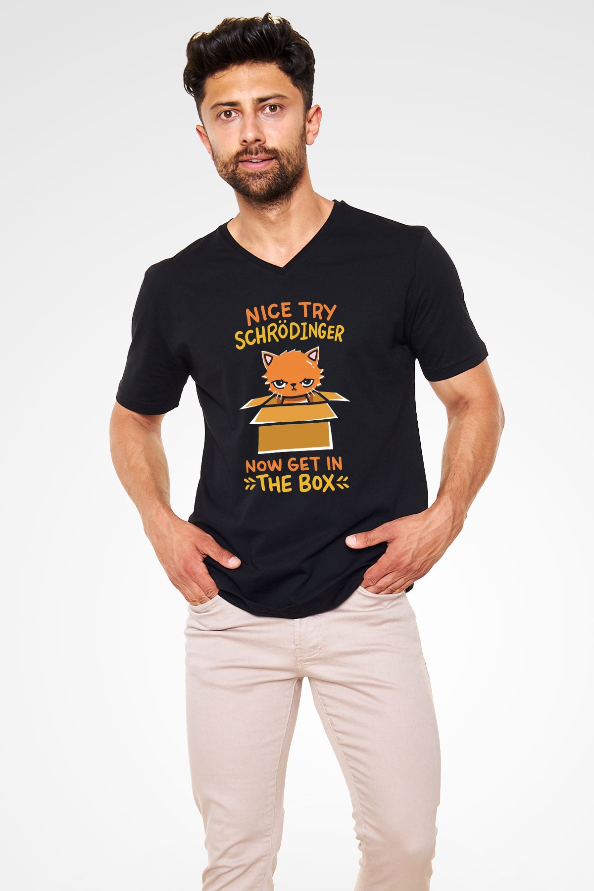Schrödinger'in Kedisi Kutuda Baskılı Unisex V Yaka Siyah Tİşört - Tshirt