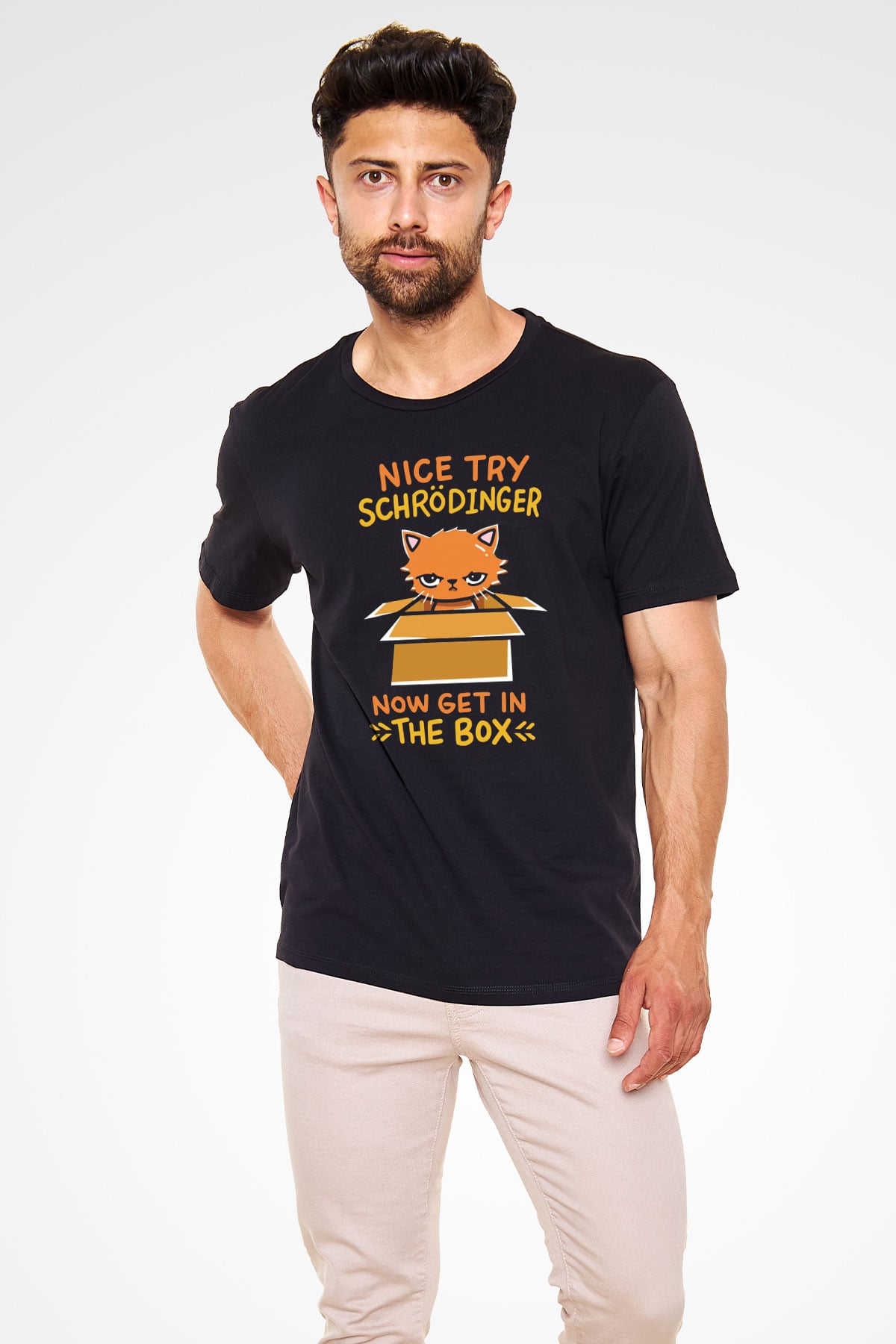 Schrödinger'in Kedisi Kutuda Baskılı Unisex Siyah Tişört - Tshirt