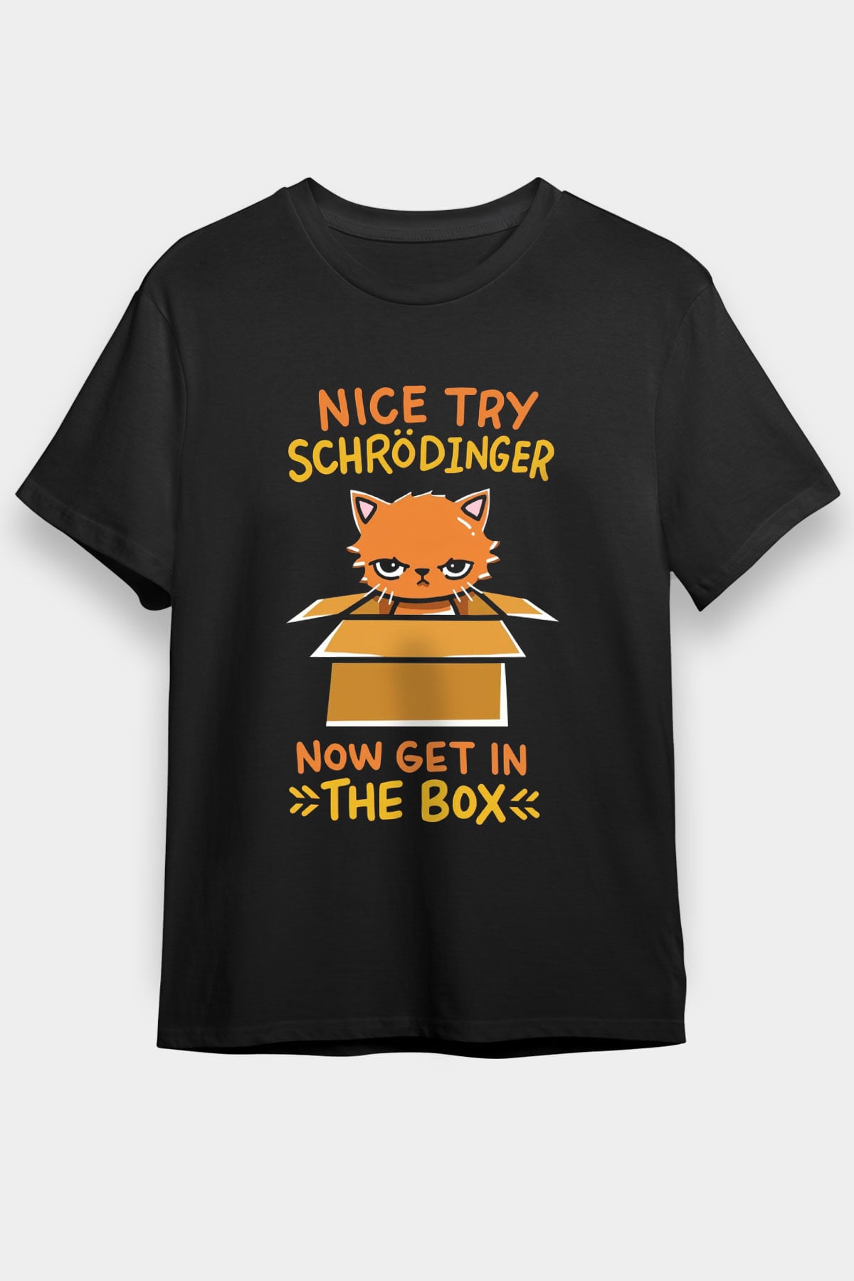 Schrödinger'in Kedisi Kutuda Baskılı Unisex Siyah Tişört - Tshirt