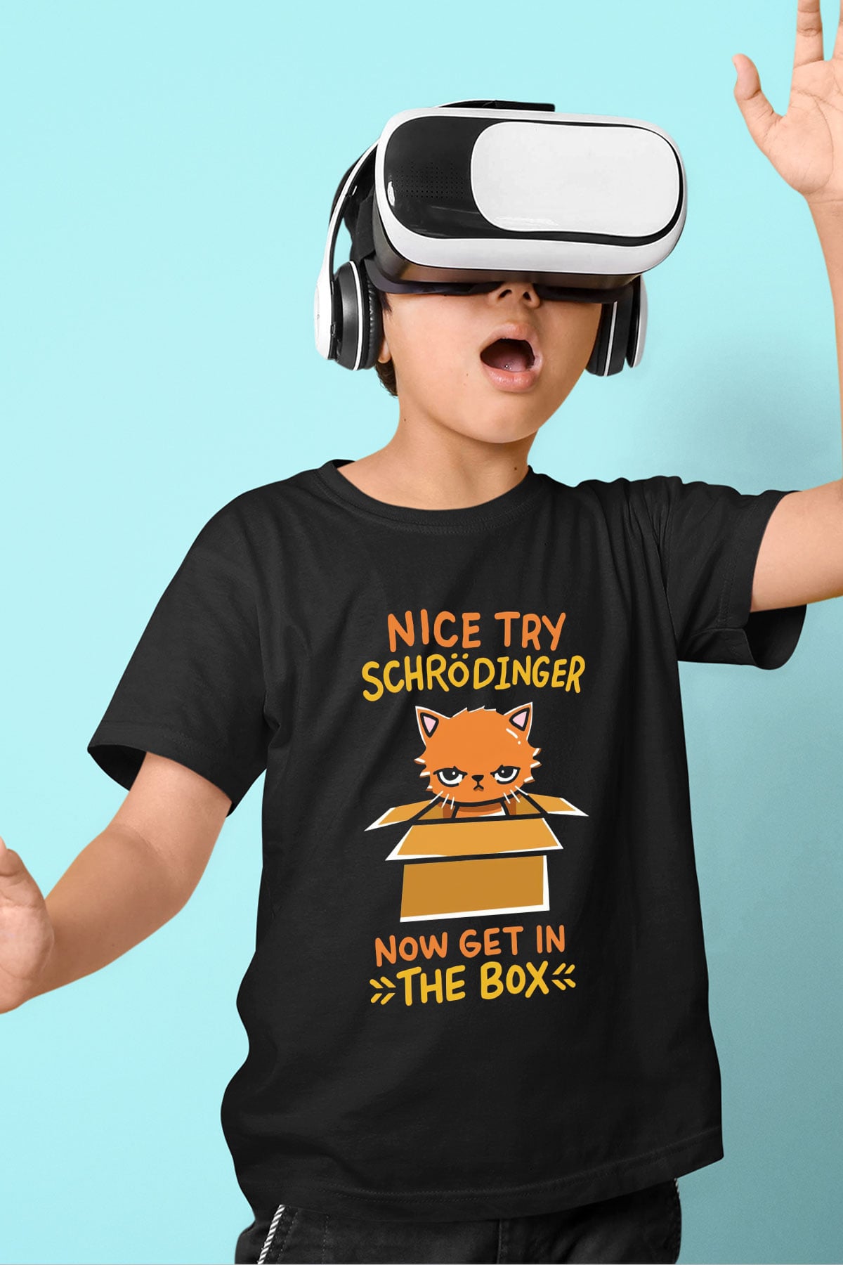 Schrödinger'in Kedisi Kutuda Baskılı Unisex Siyah Çocuk Tişörtü - Tshirt