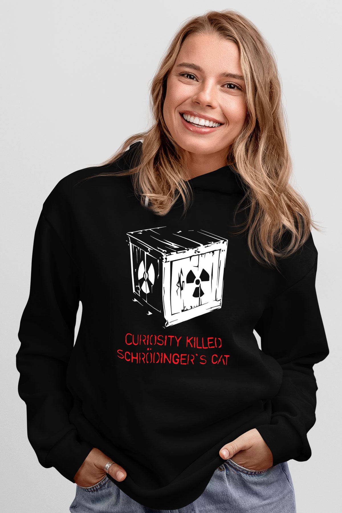Schrödingerin Kedisi Kutuda  Baskılı Unisex Siyah Hoodie