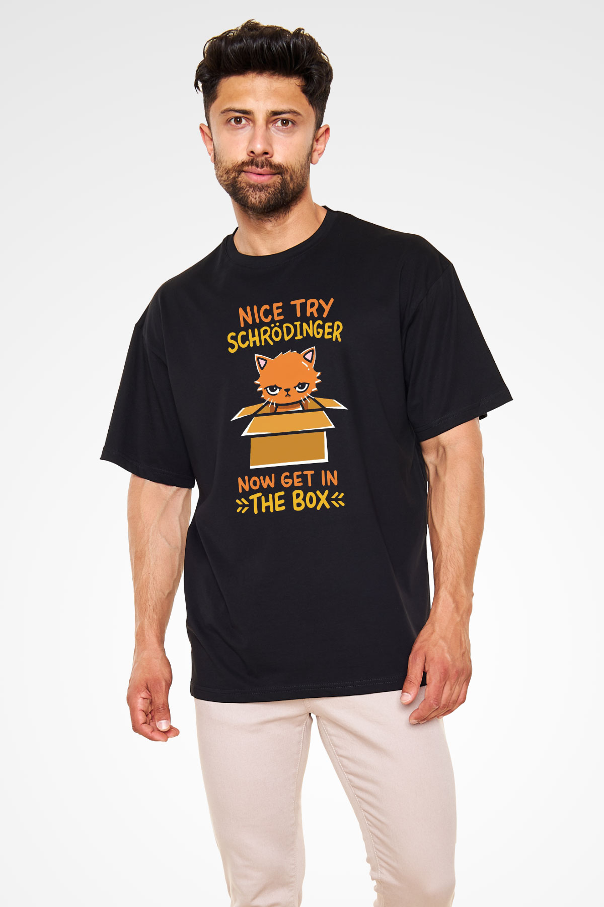 Schrödinger'in Kedisi Kutuda Baskılı Unisex Oversize Tişört - Tshirt