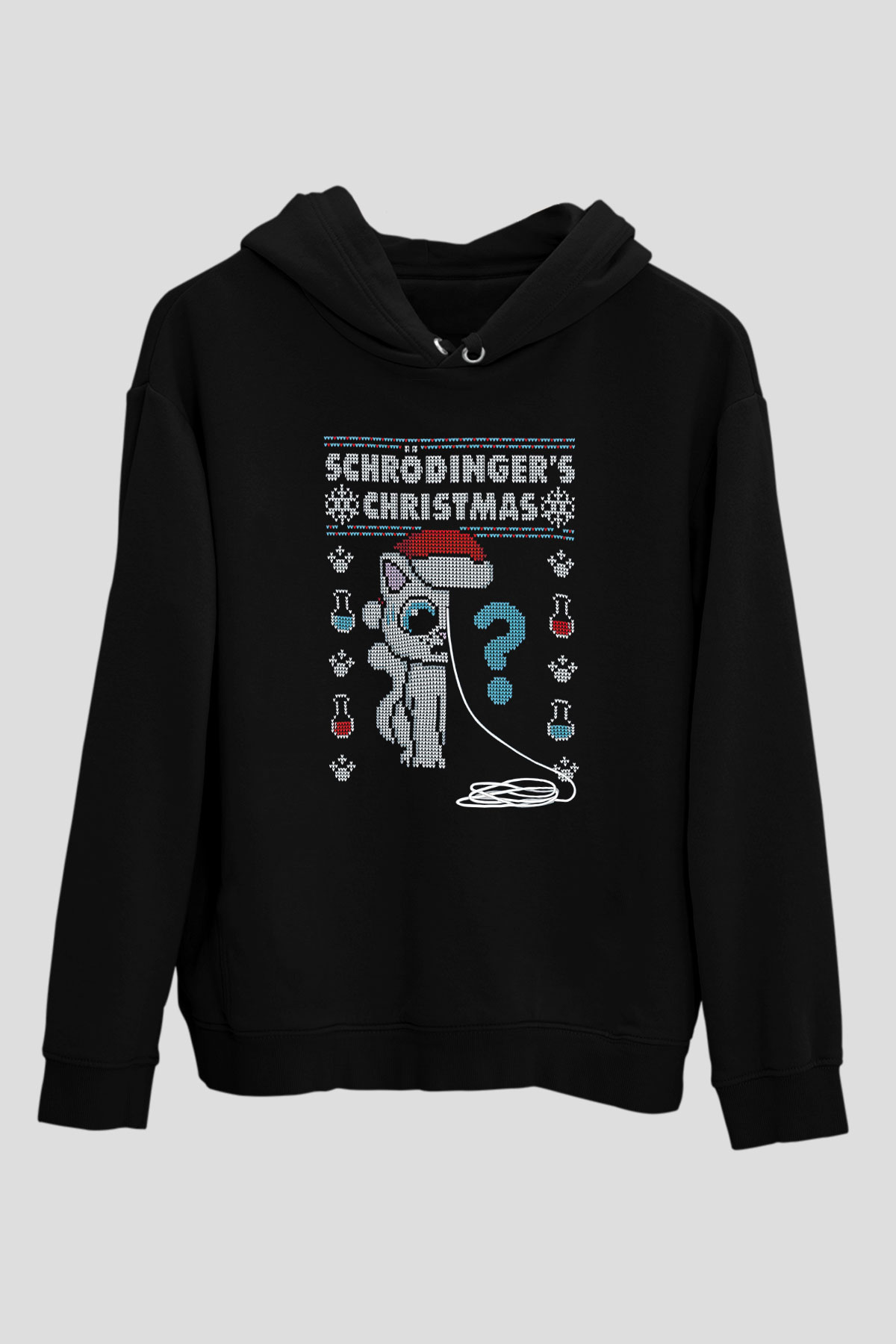 Schrödinger'in Kedisi Noel Baskılı Unisex Siyah Kapüşonlu Sweatshirt