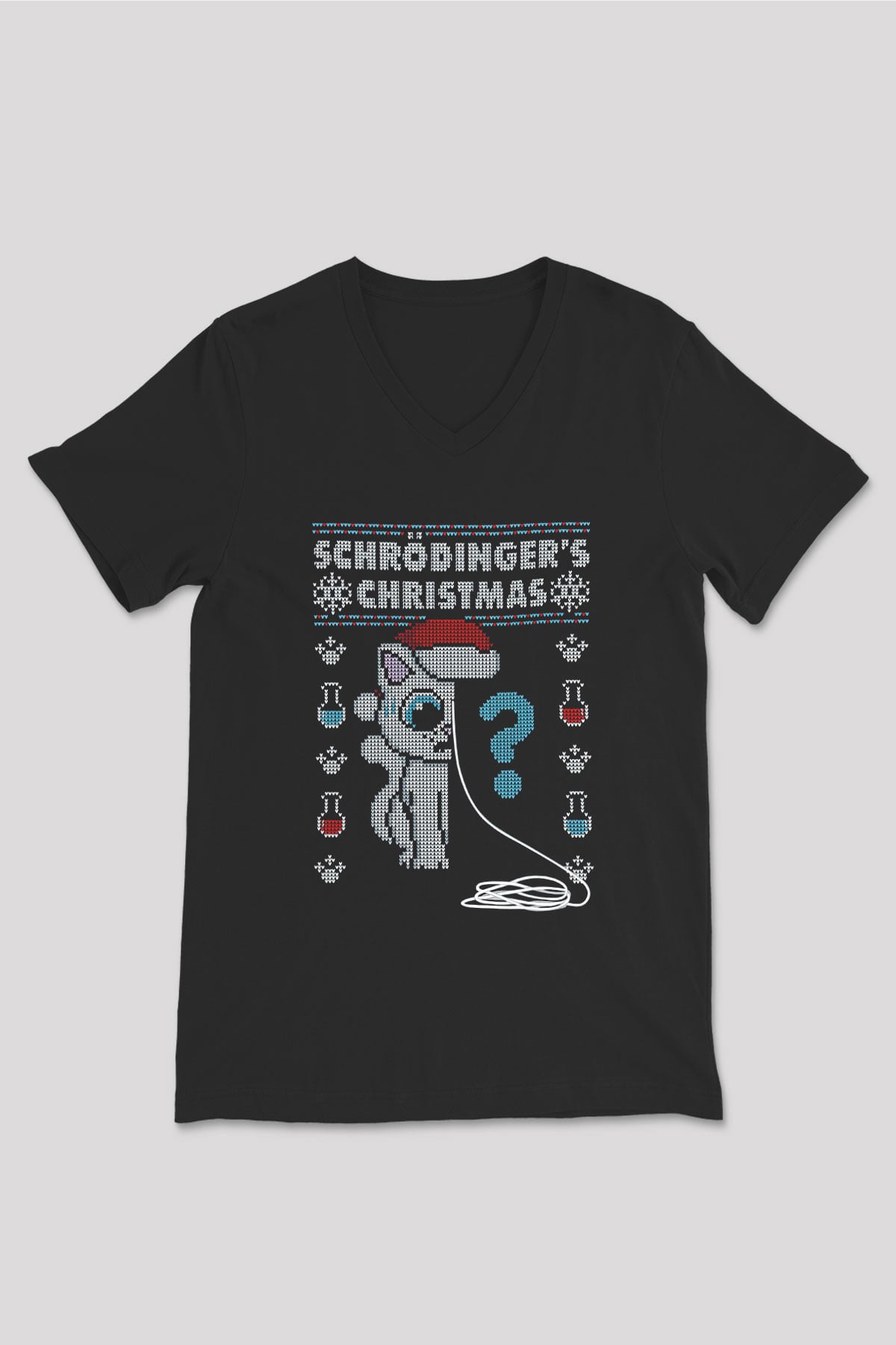 Schrödinger'in Kedisi Noel Baskılı Unisex V Yaka Siyah Tİşört - Tshirt