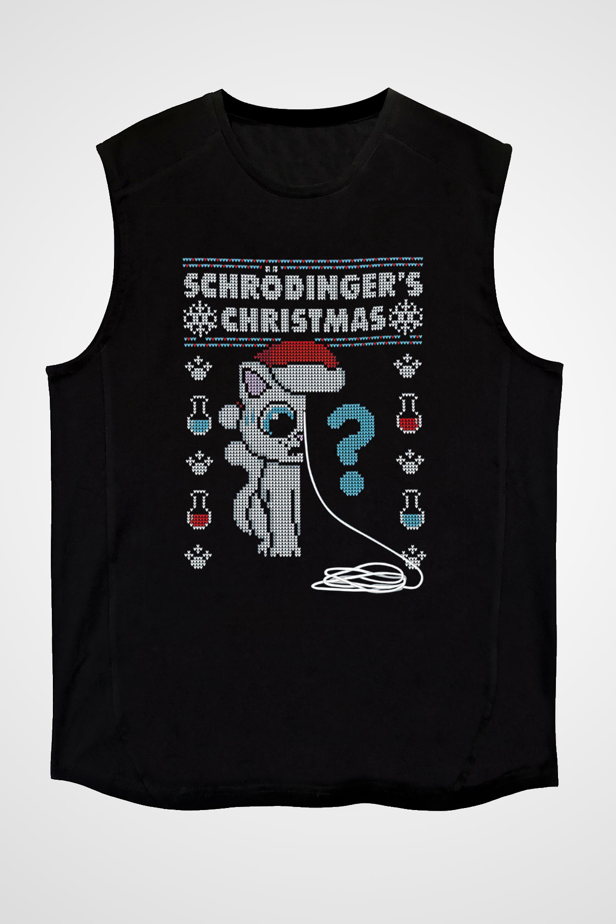 Schrödinger'in Kedisi Noel Baskılı Unisex Kolsuz Siyah Tişört - Tshirt