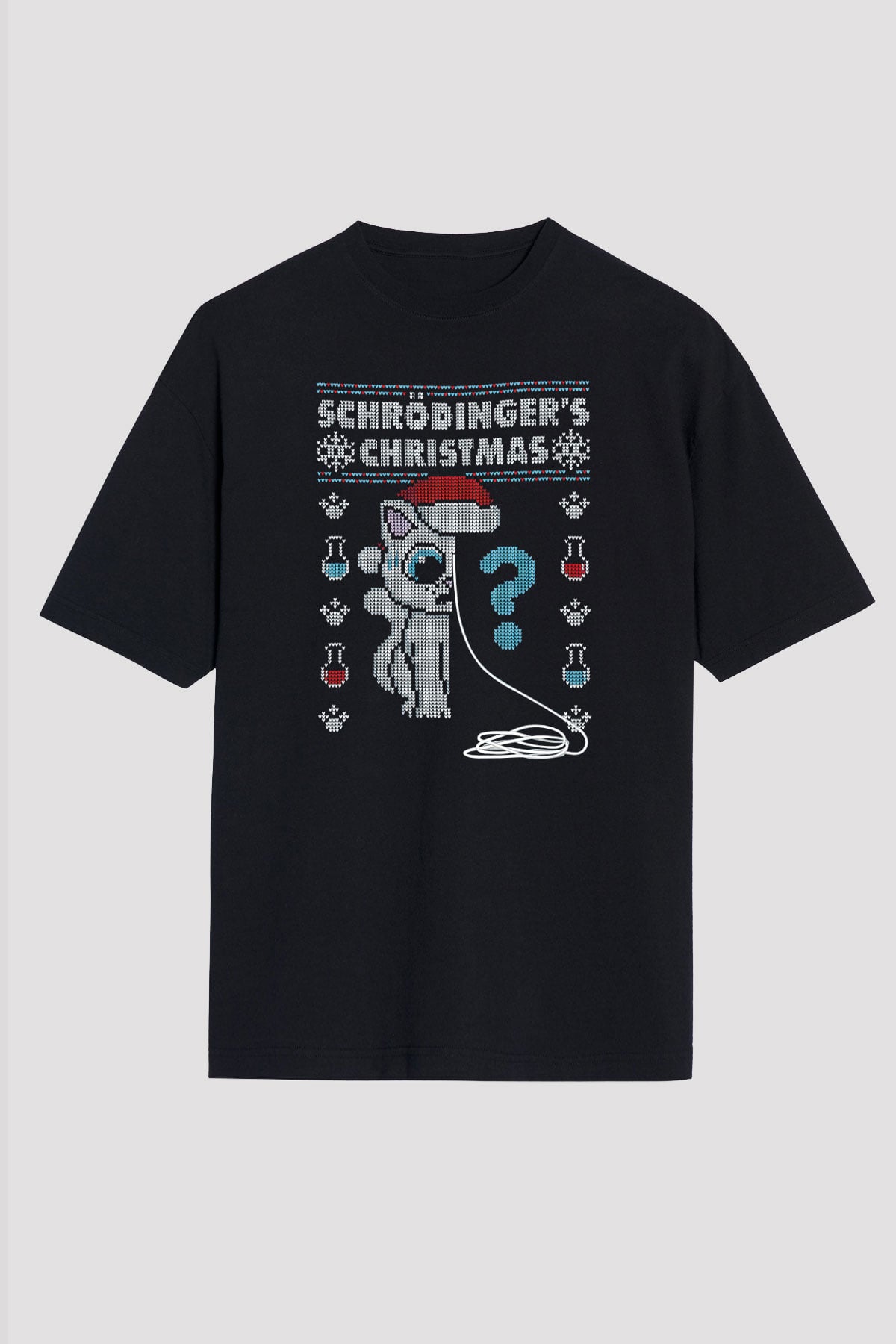Schrödinger'in Kedisi Noel Baskılı Unisex Oversize Tişört - Tshirt