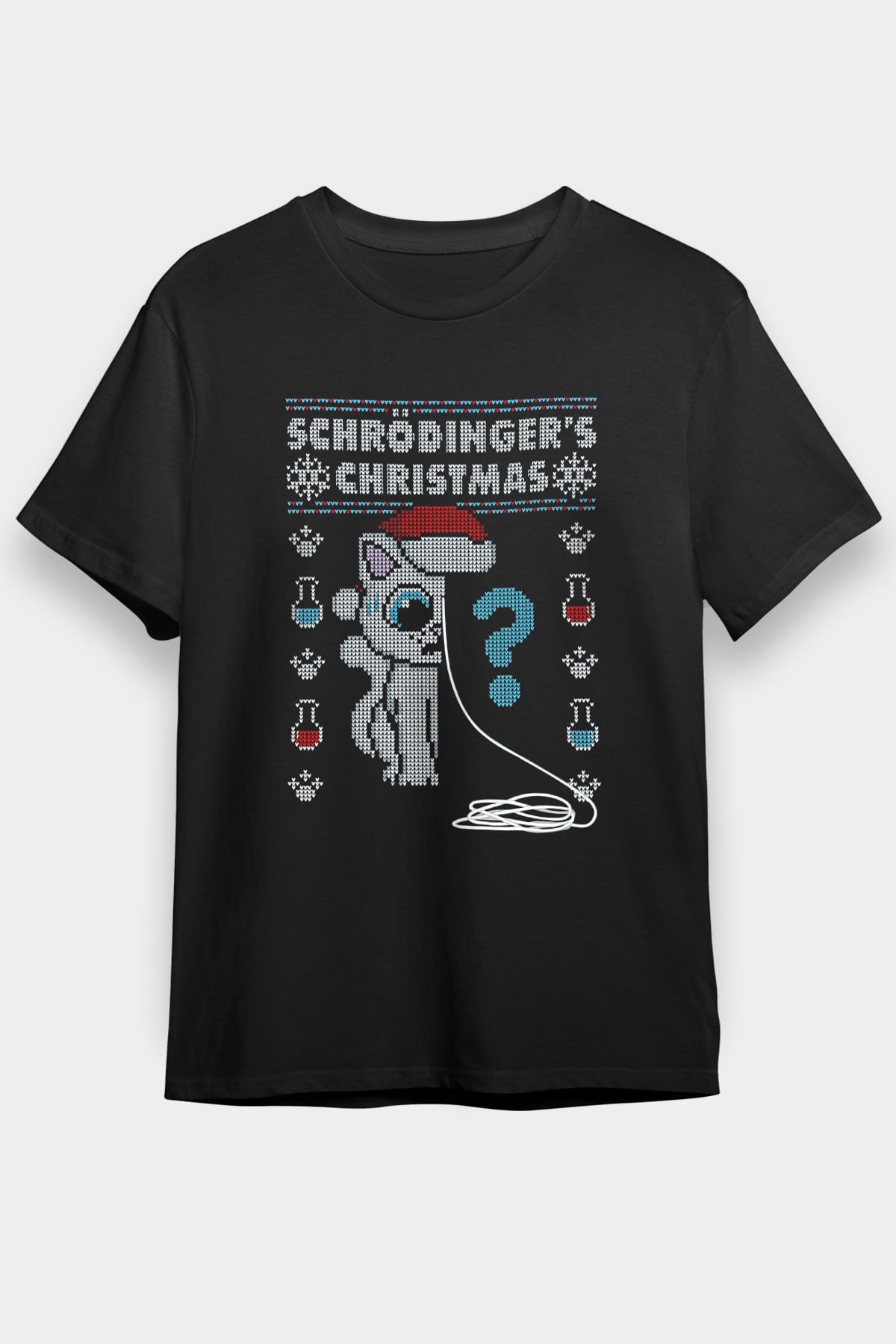 Schrödinger'in Kedisi Noel Baskılı Unisex Siyah Tişört - Tshirt