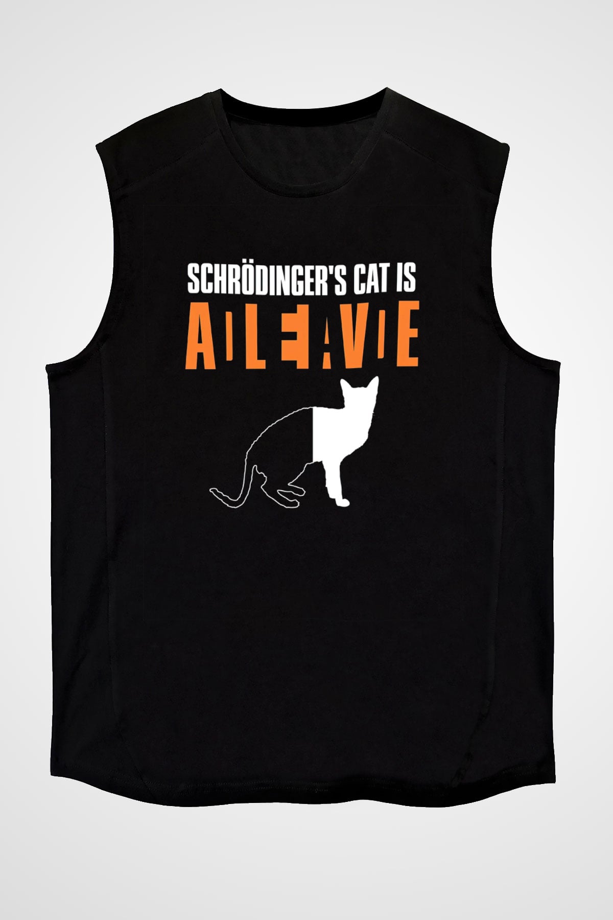 Schrödinger'in Kedisi Ölü Canlı Baskılı Unisex Kolsuz Siyah Tişört - Tshirt