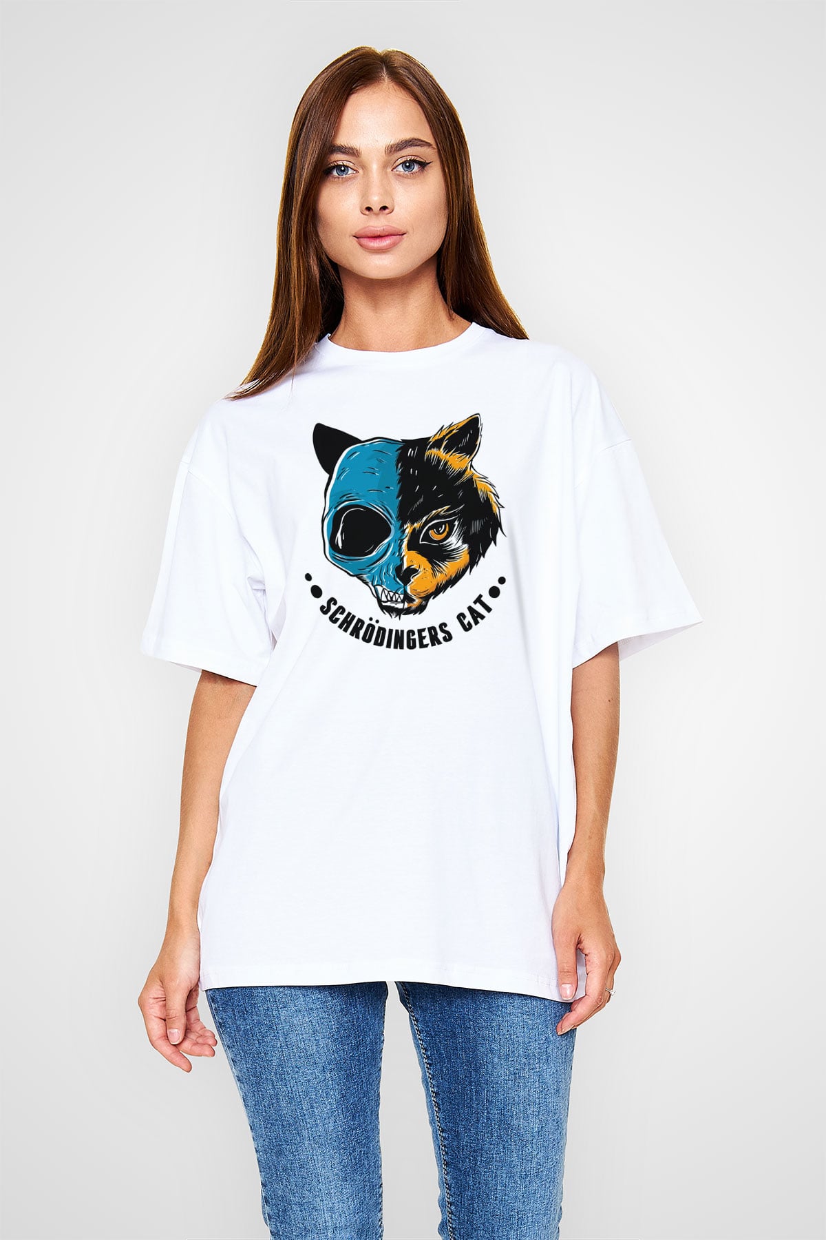 Schrödinger'in Kedisi Ölü-Diri Baskılı Unisex Oversize Beyaz Tişört - Tshirt
