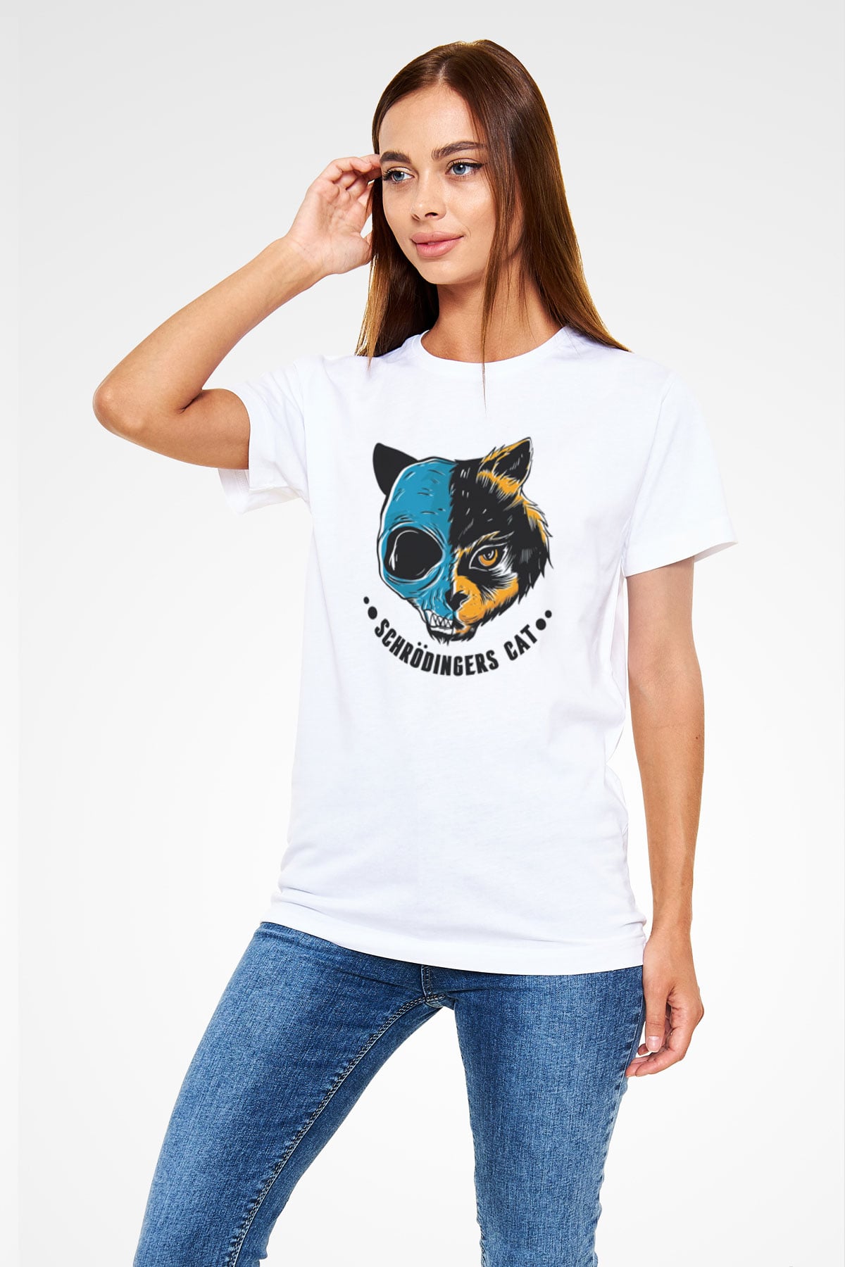 Schrödinger'in Kedisi Ölü-Diri Baskılı Unisex Beyaz Tişört - Tshirt