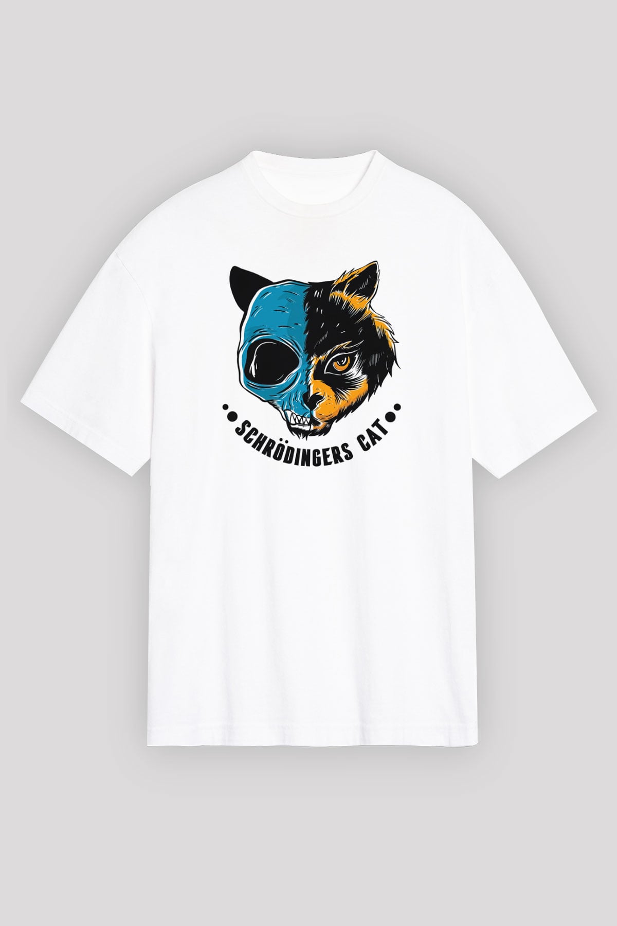 Schrödinger'in Kedisi Ölü-Diri Baskılı Unisex Oversize Beyaz Tişört - Tshirt