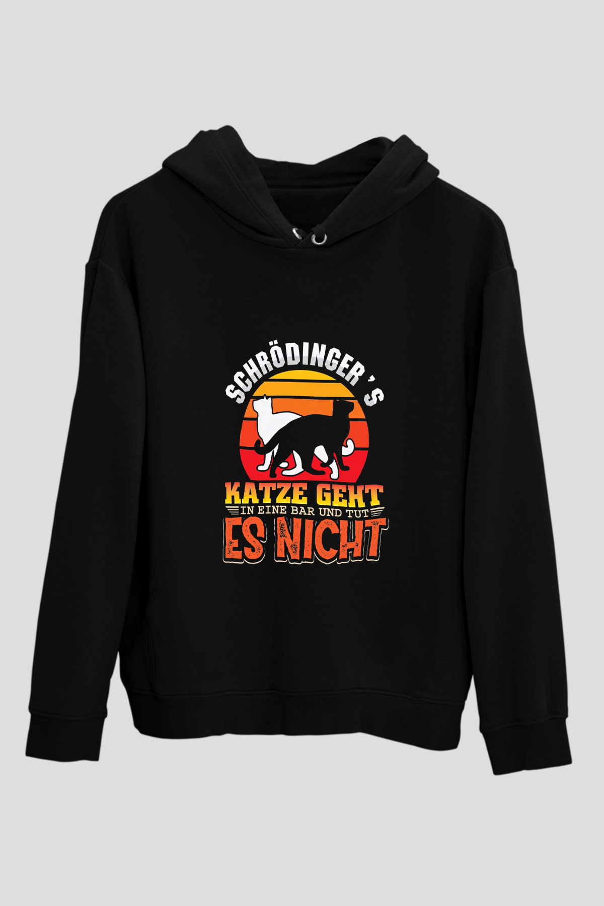 Schrödinger'in Kedisi Renkli Baskılı Unisex Siyah Kapüşonlu Sweatshirt