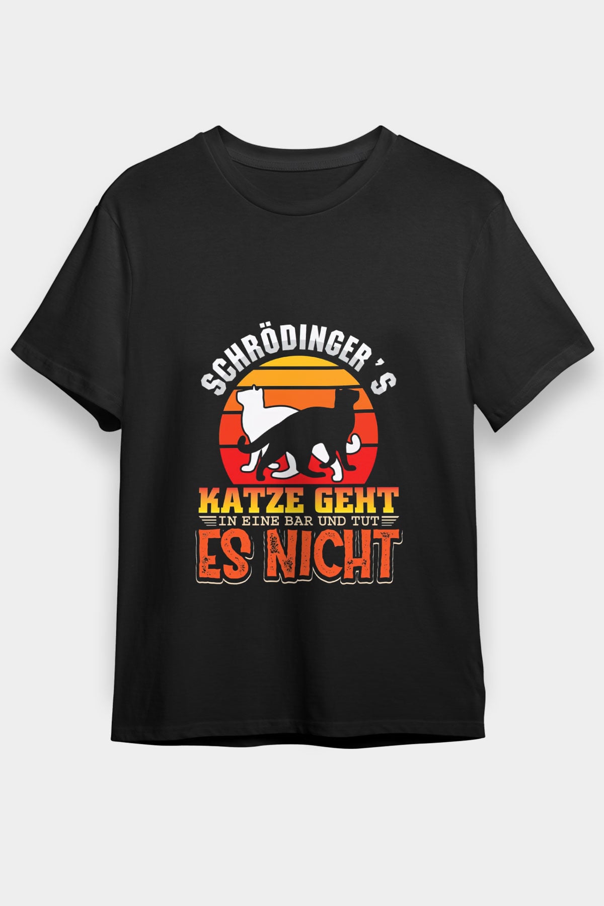 Schrödinger'in Kedisi Renkli Baskılı Unisex Siyah Tişört - Tshirt
