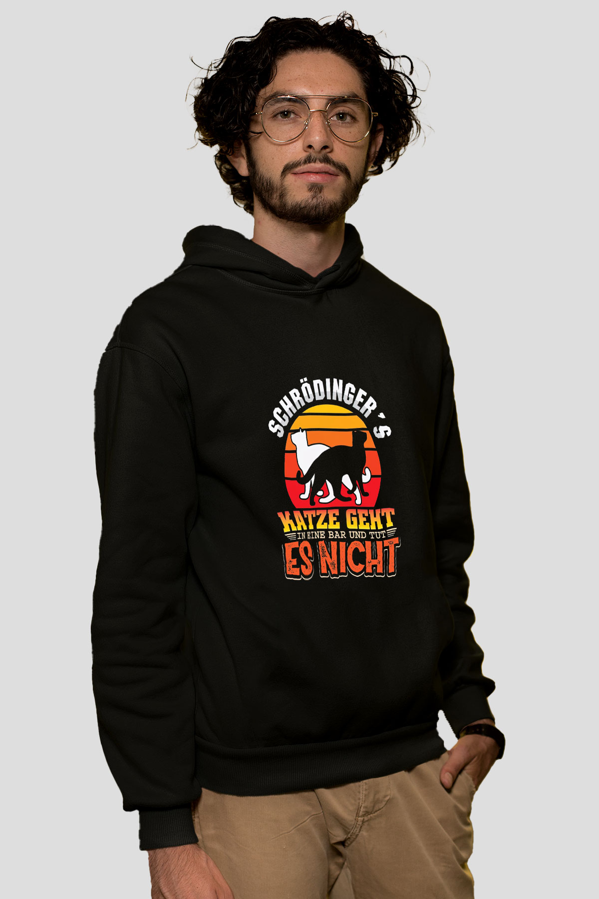 Schrödinger'in Kedisi Renkli Baskılı Unisex Siyah Kapüşonlu Sweatshirt