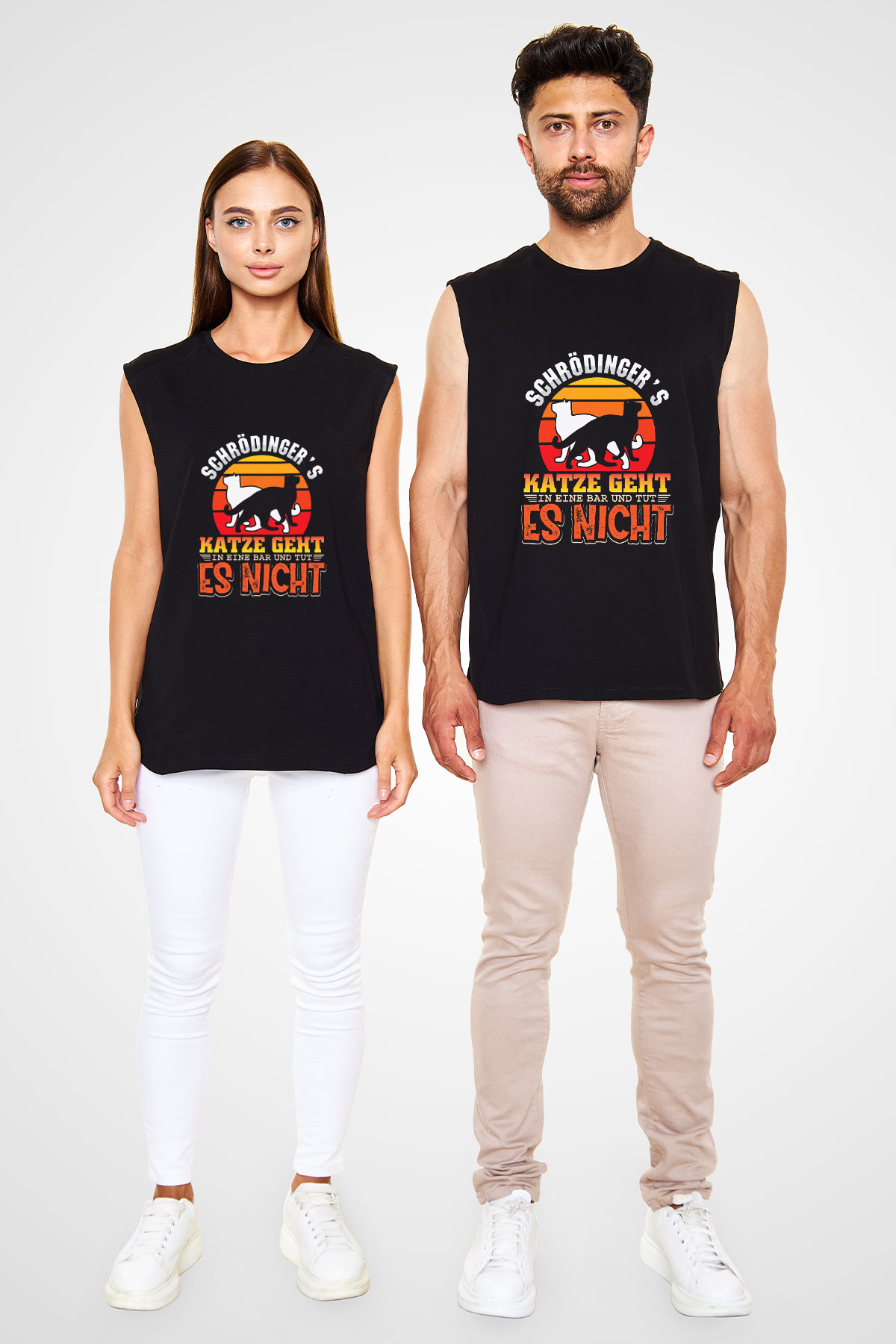 Schrödinger'in Kedisi Renkli Baskılı Unisex Kolsuz Siyah Tişört - Tshirt