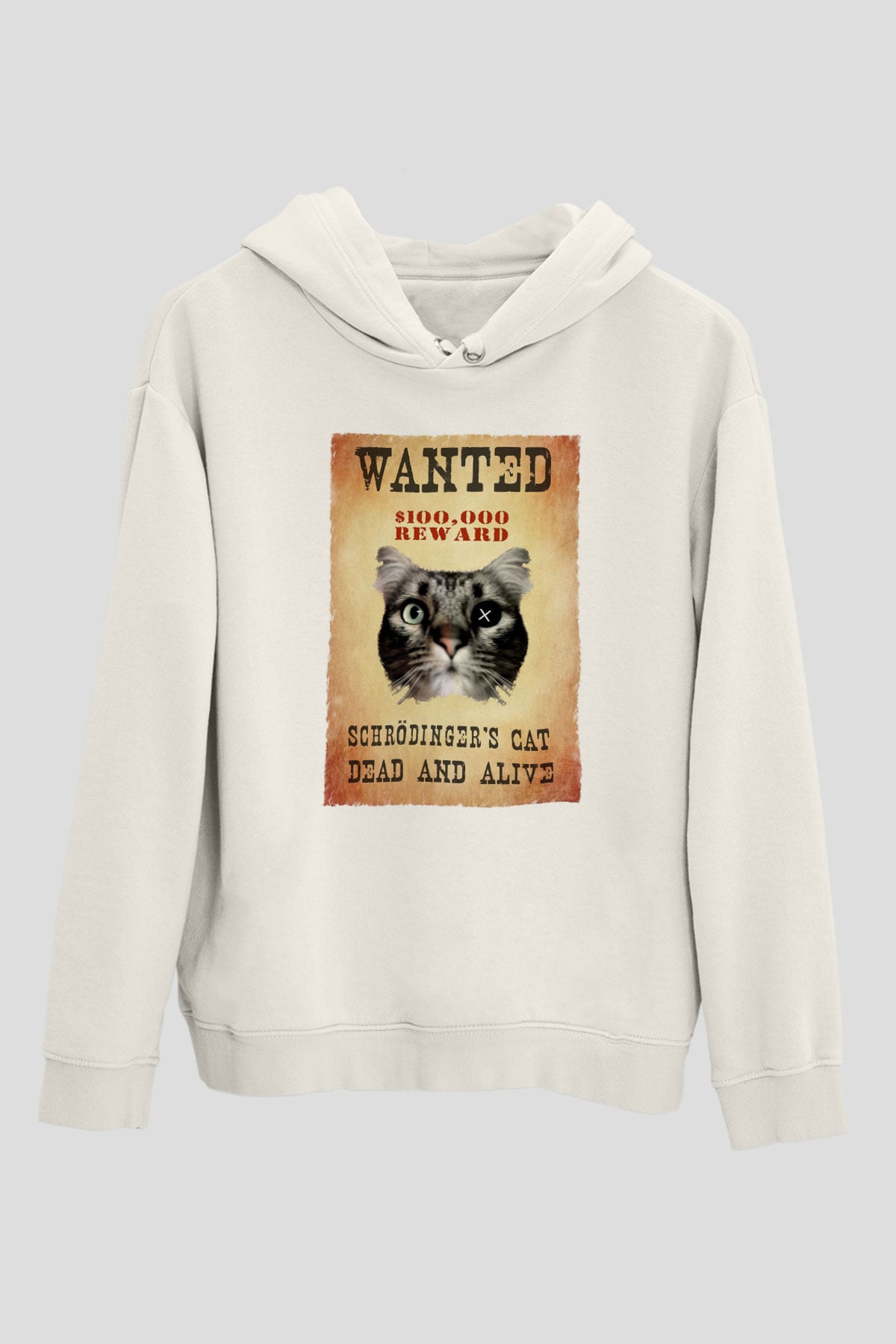 Schrödinger'in Kedisi Wanted Baskılı Unisex Ekru Hoodie