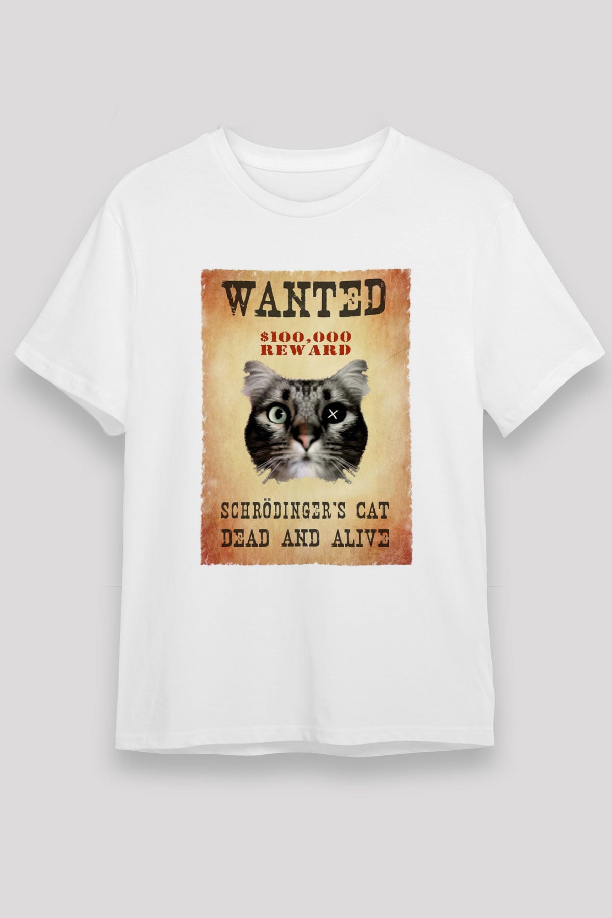 Schrödinger'in Kedisi Wanted Baskılı Unisex Beyaz Tişört - Tshirt