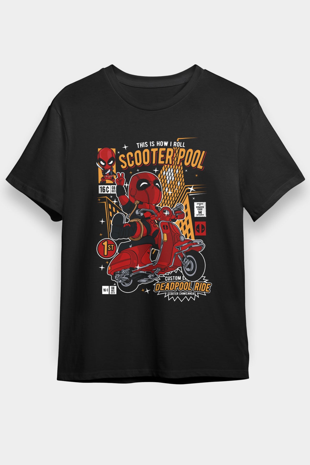 Scooter Pool Baskılı Unisex Siyah Tişört