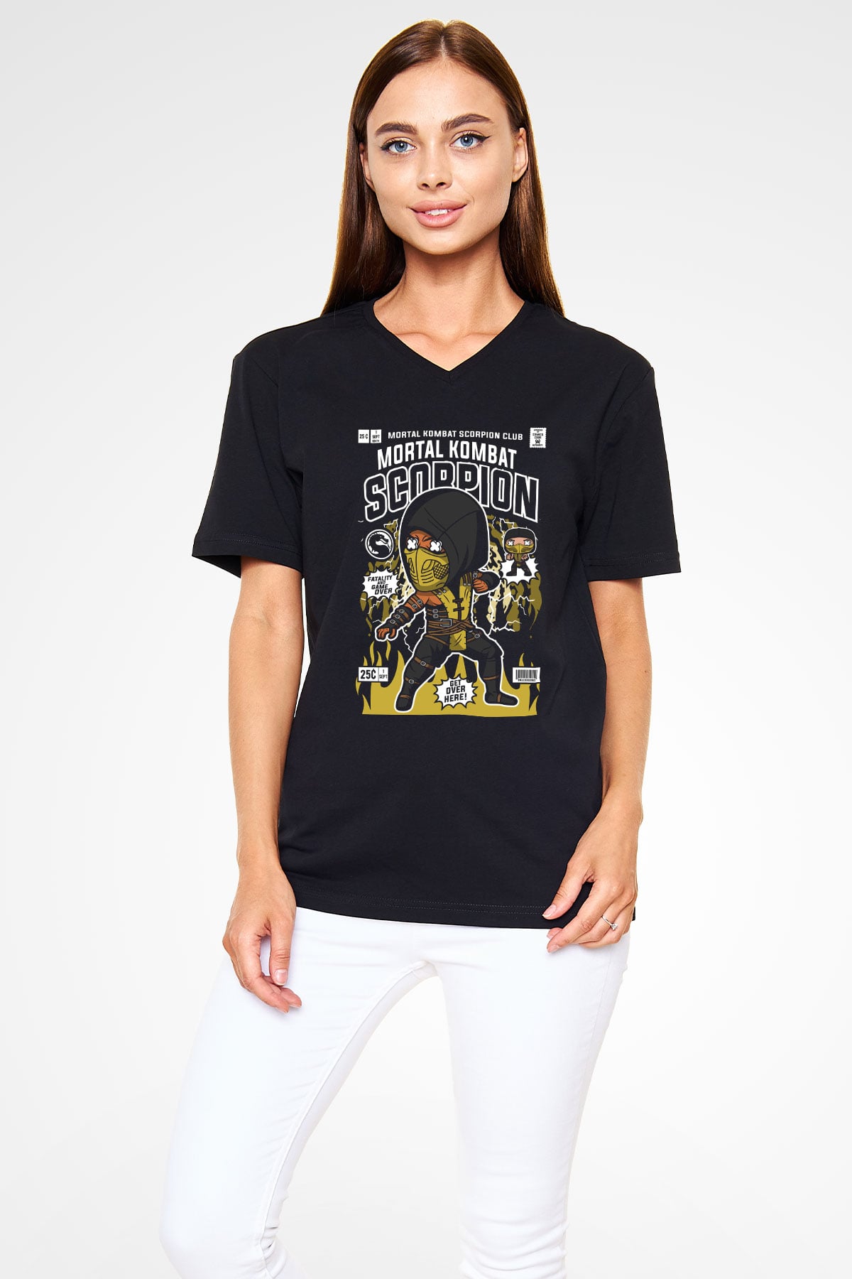 Scorpion Baskılı Unisex Siyah V Yaka Tişört
