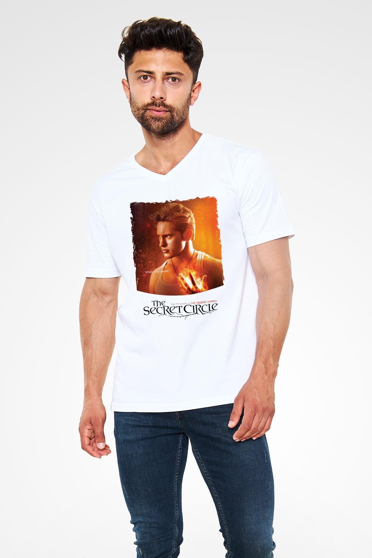 Secret Circle Beyaz Unisex V Yaka Tişört