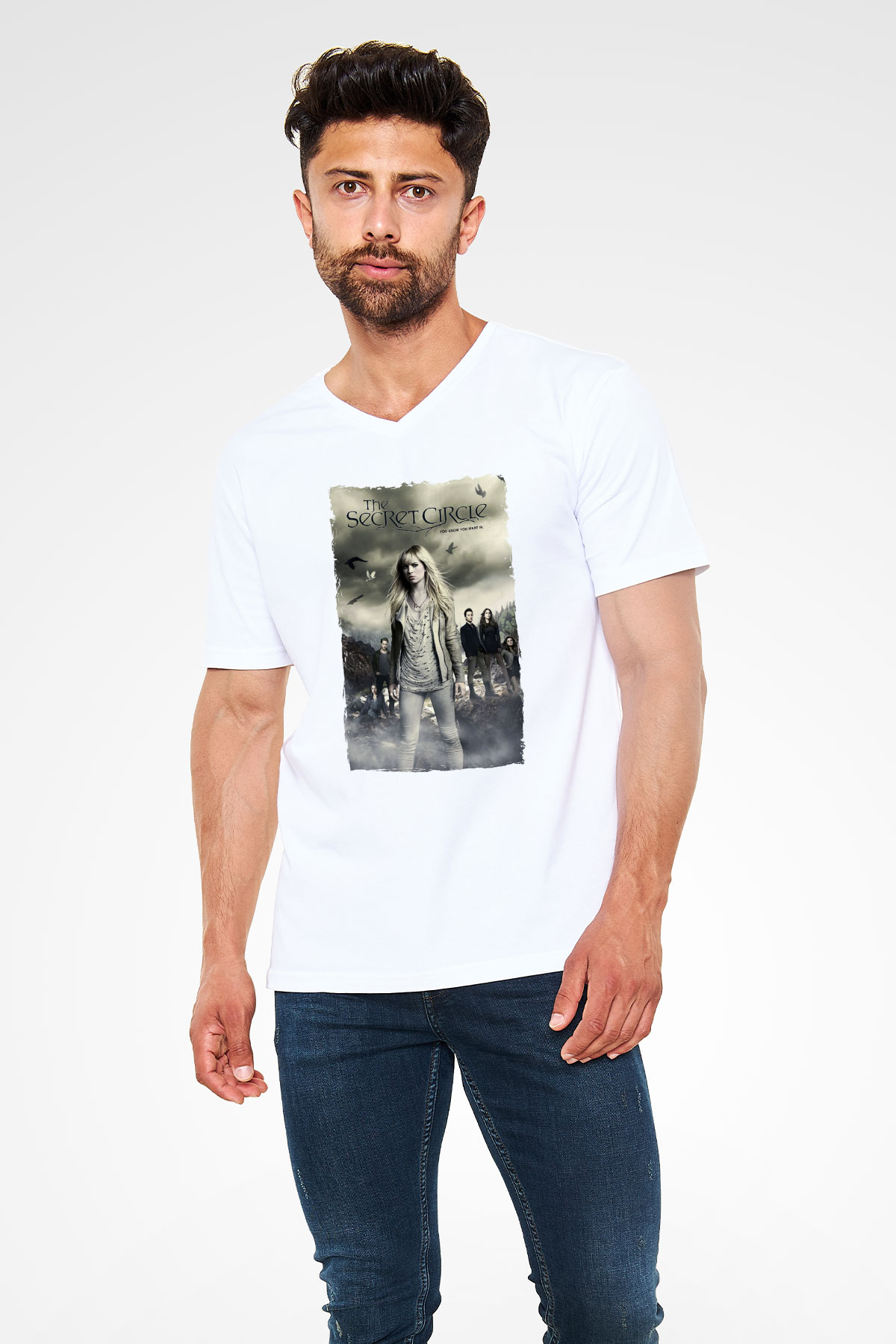 Secret Circle Beyaz Unisex V Yaka Tişört