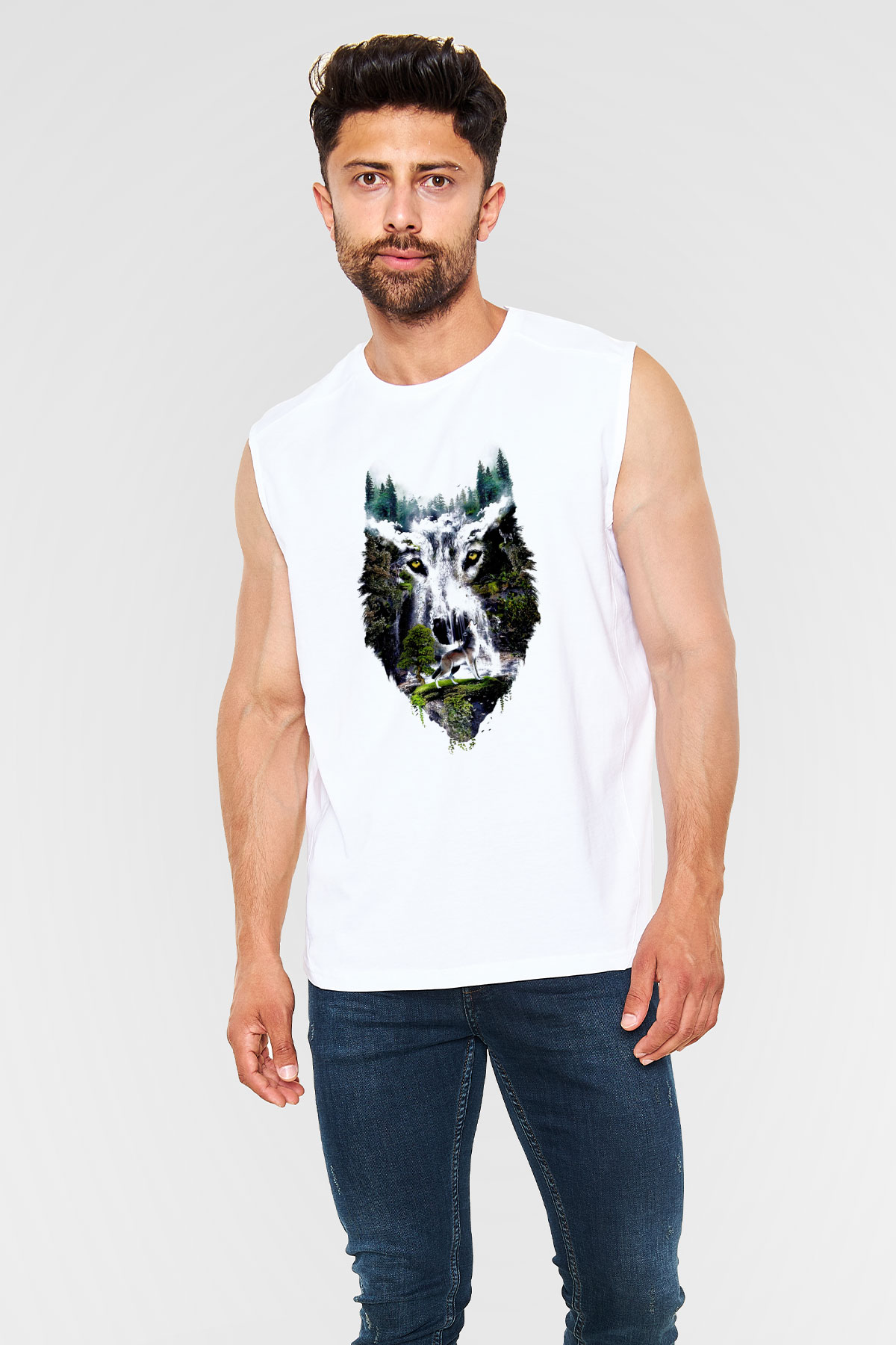 Şelale ve Kurt Baskılı Unisex Beyaz  Kolsuz Tişört