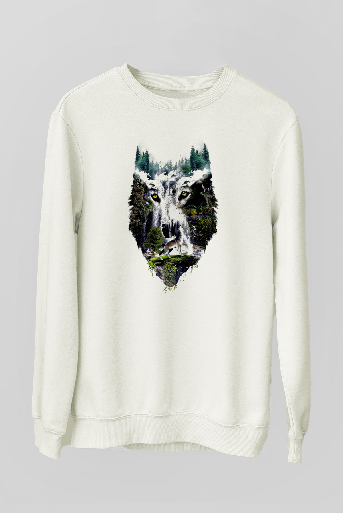 Şelale ve Kurt Baskılı Unisex Beyaz  Sweatshirt