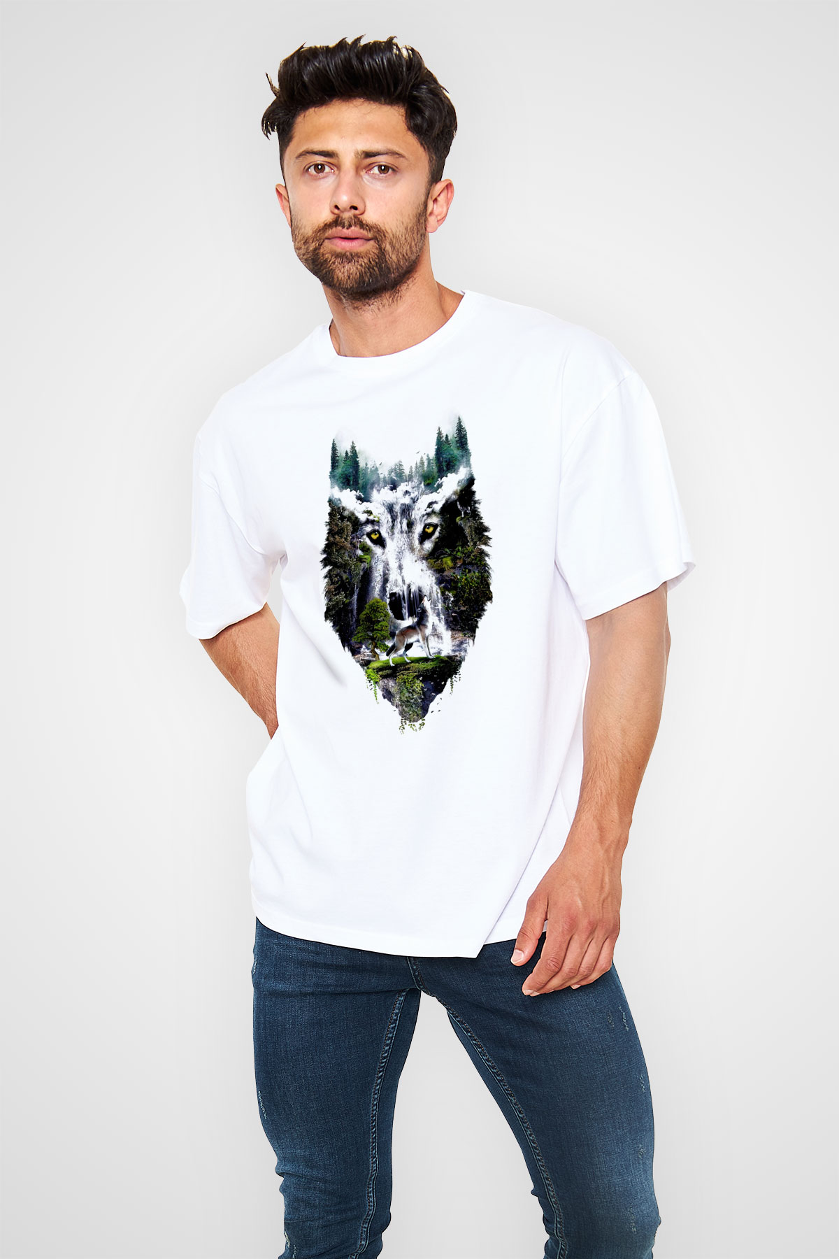 Şelale ve Kurt Baskılı Unisex Beyaz Tişört