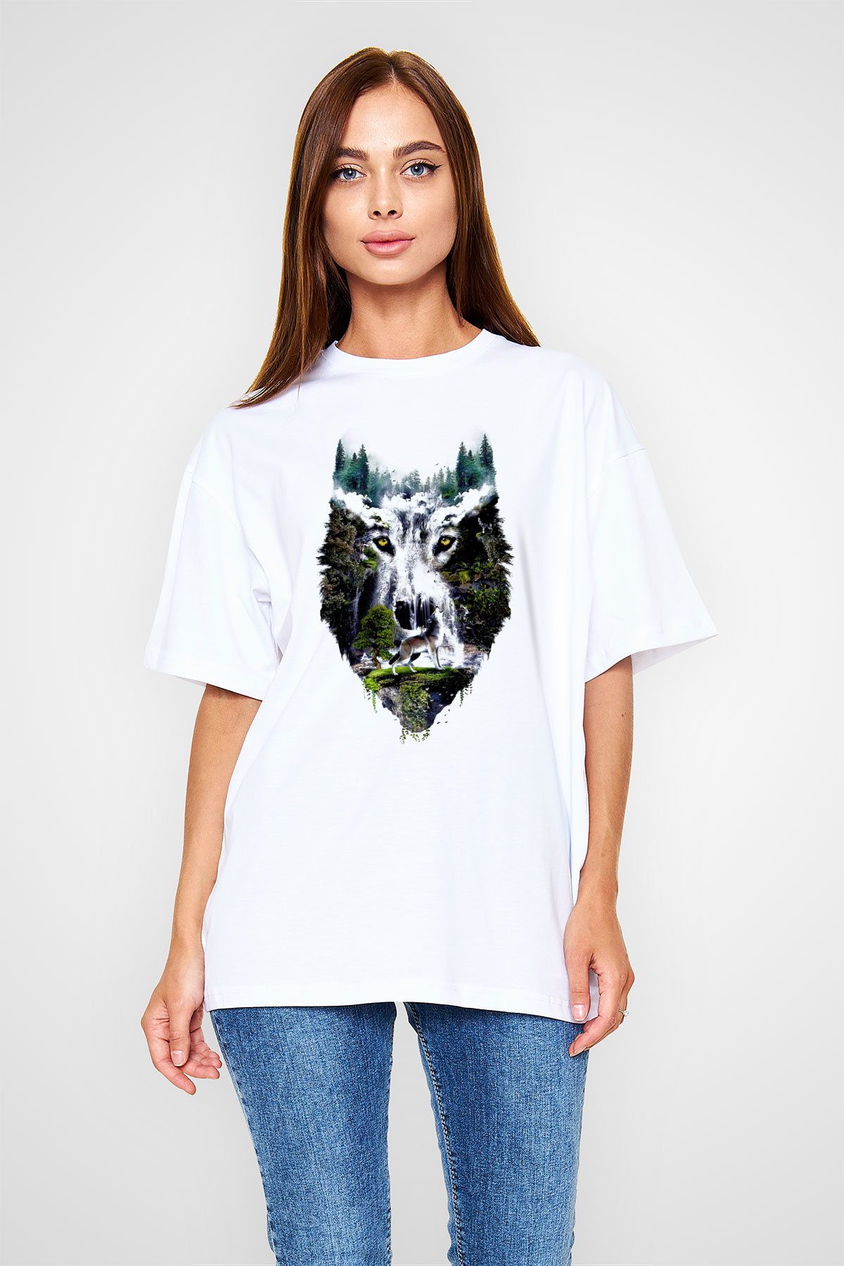 Şelale ve Kurt Baskılı Unisex Beyaz Tişört